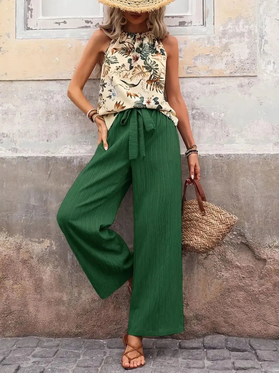 Printed Tank Top and Wide Leg Pants Set - Salt & Stone