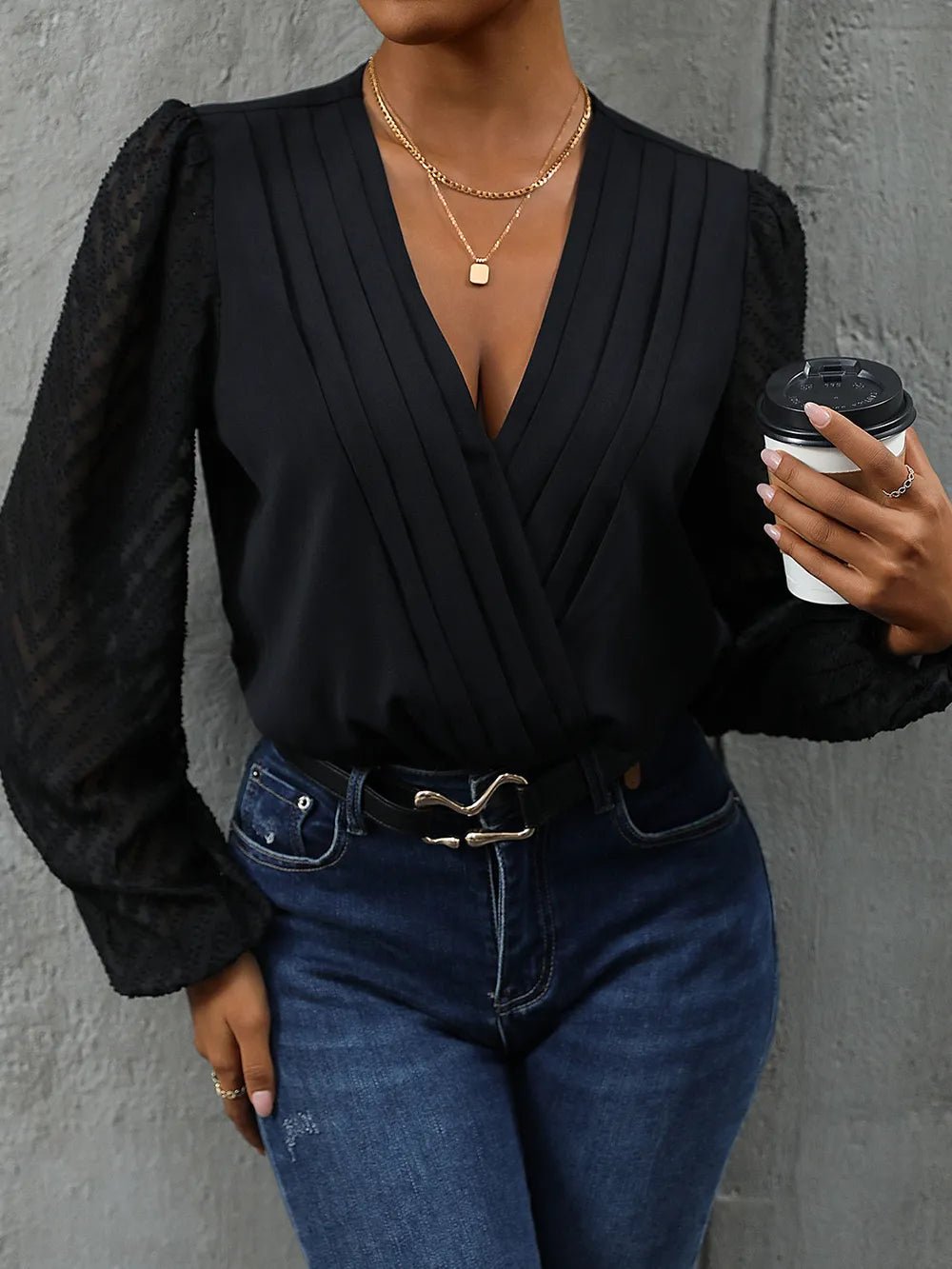 Perfee Ruched Surplice Long Sleeve Bodysuit - Salt & Stone