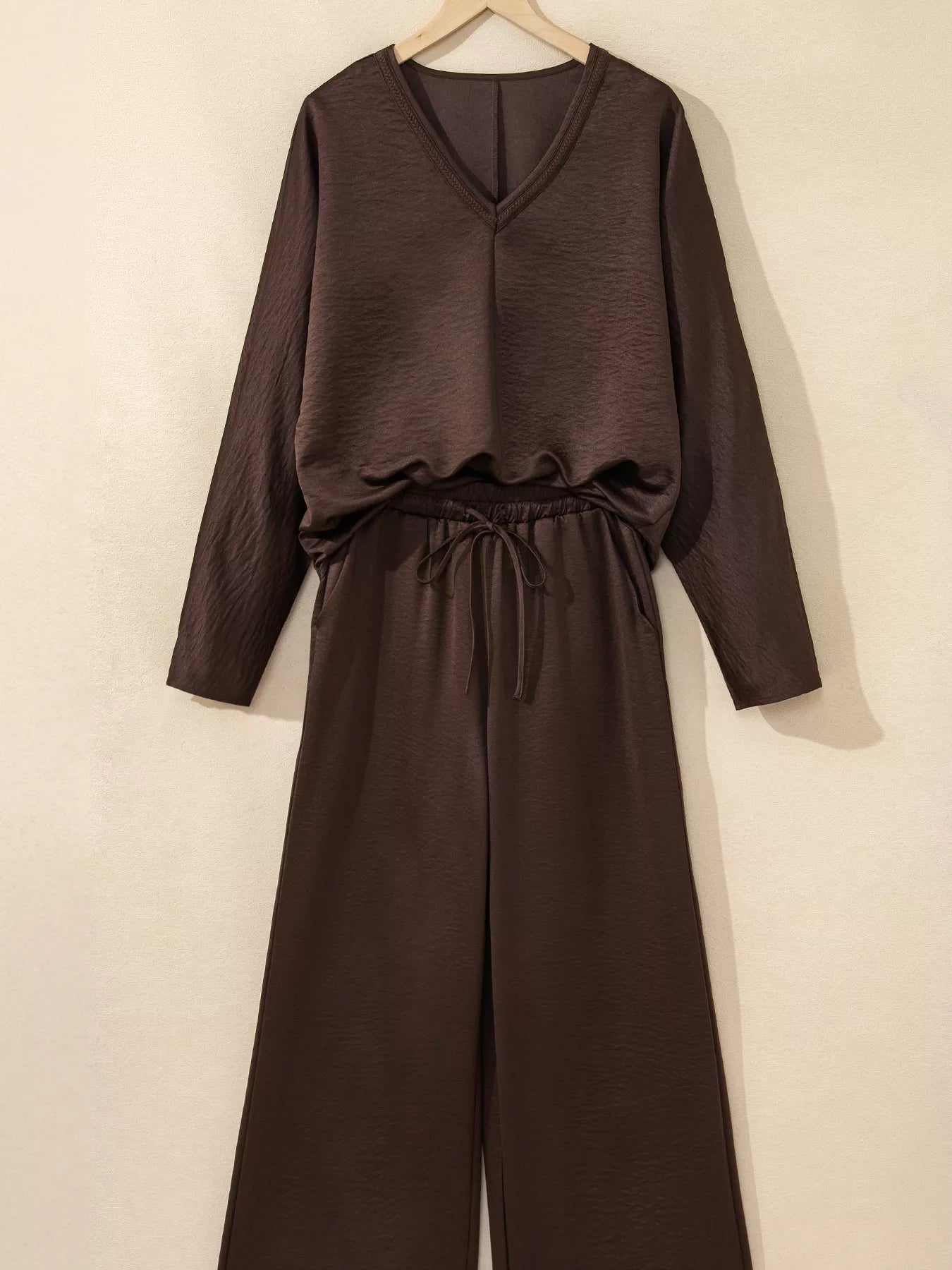 Braided V Neck Long Sleeve Loose Top and Drawstring High Waist Pants 2pcs Outfit - Salt & Stone