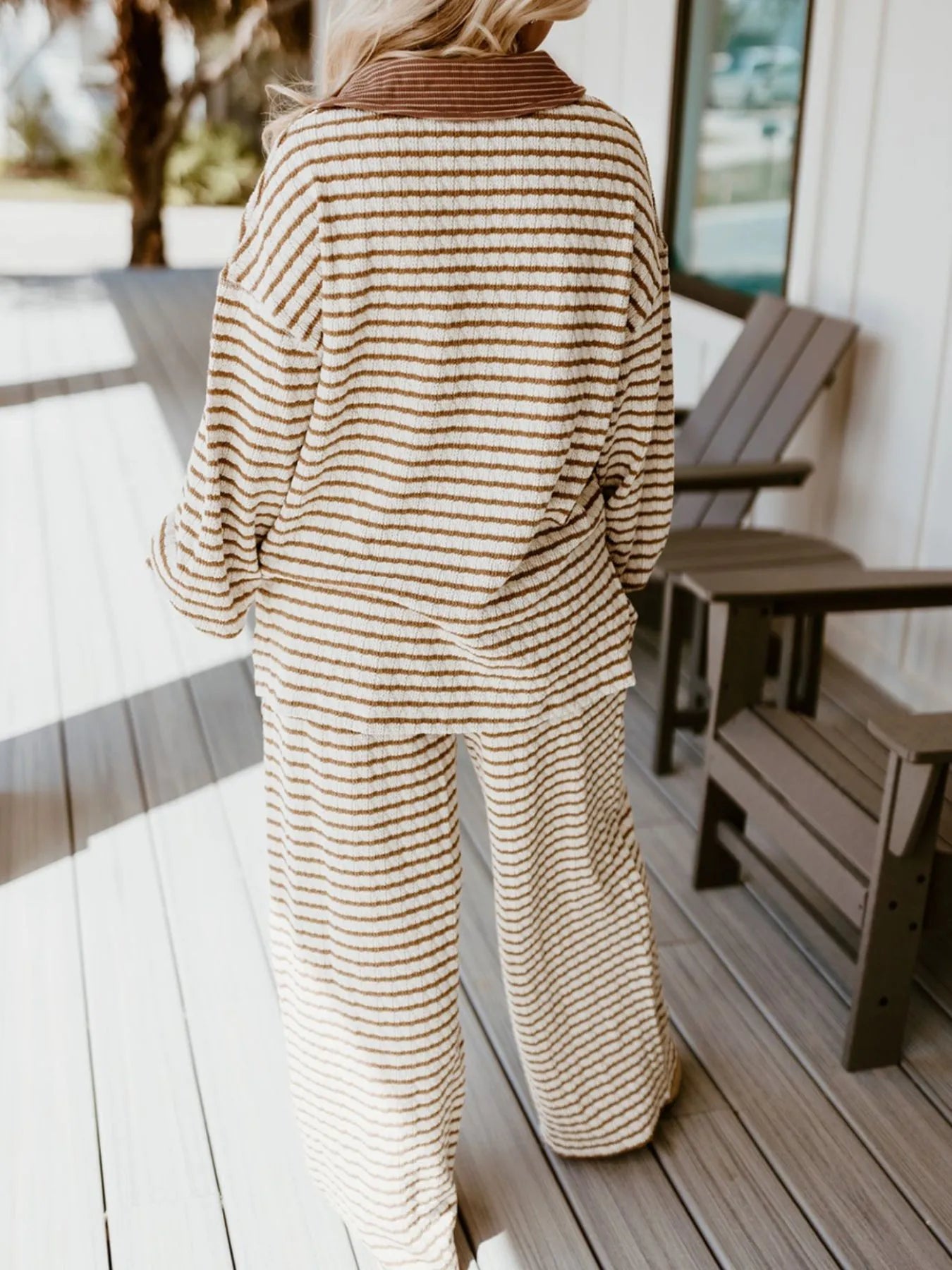 Stripe Collared Top and Drawstring Pant Set - Salt & Stone