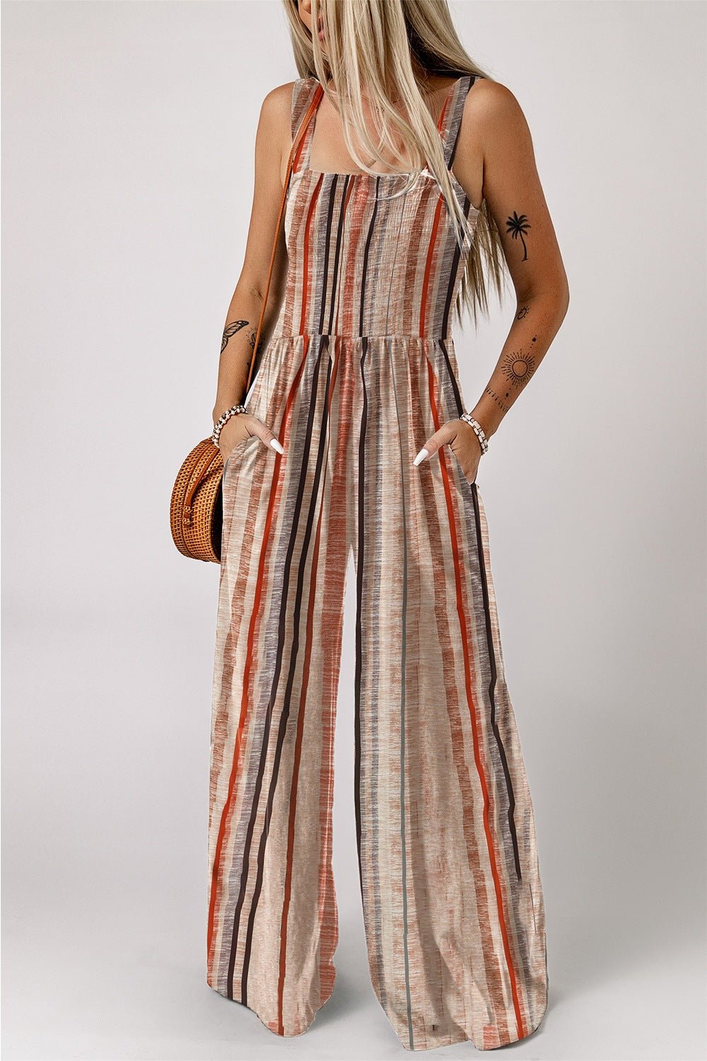 Stripe Square Neck Sleeveless Smocked Bodice Wide Leg Jumpsuit - Salt & Stone