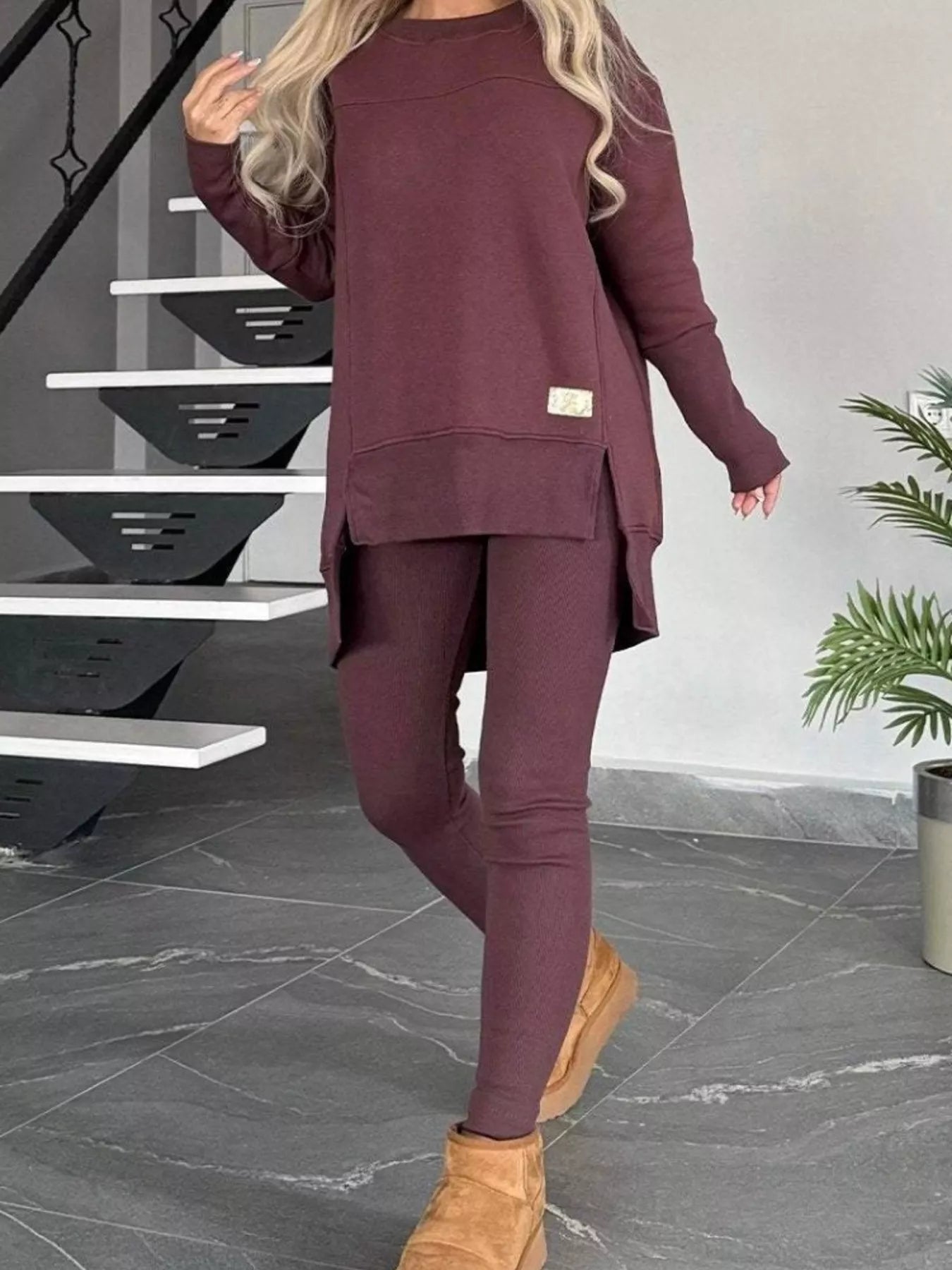 Full Size Slit Round Neck Top and Pants Set Plus Size - Salt & Stone