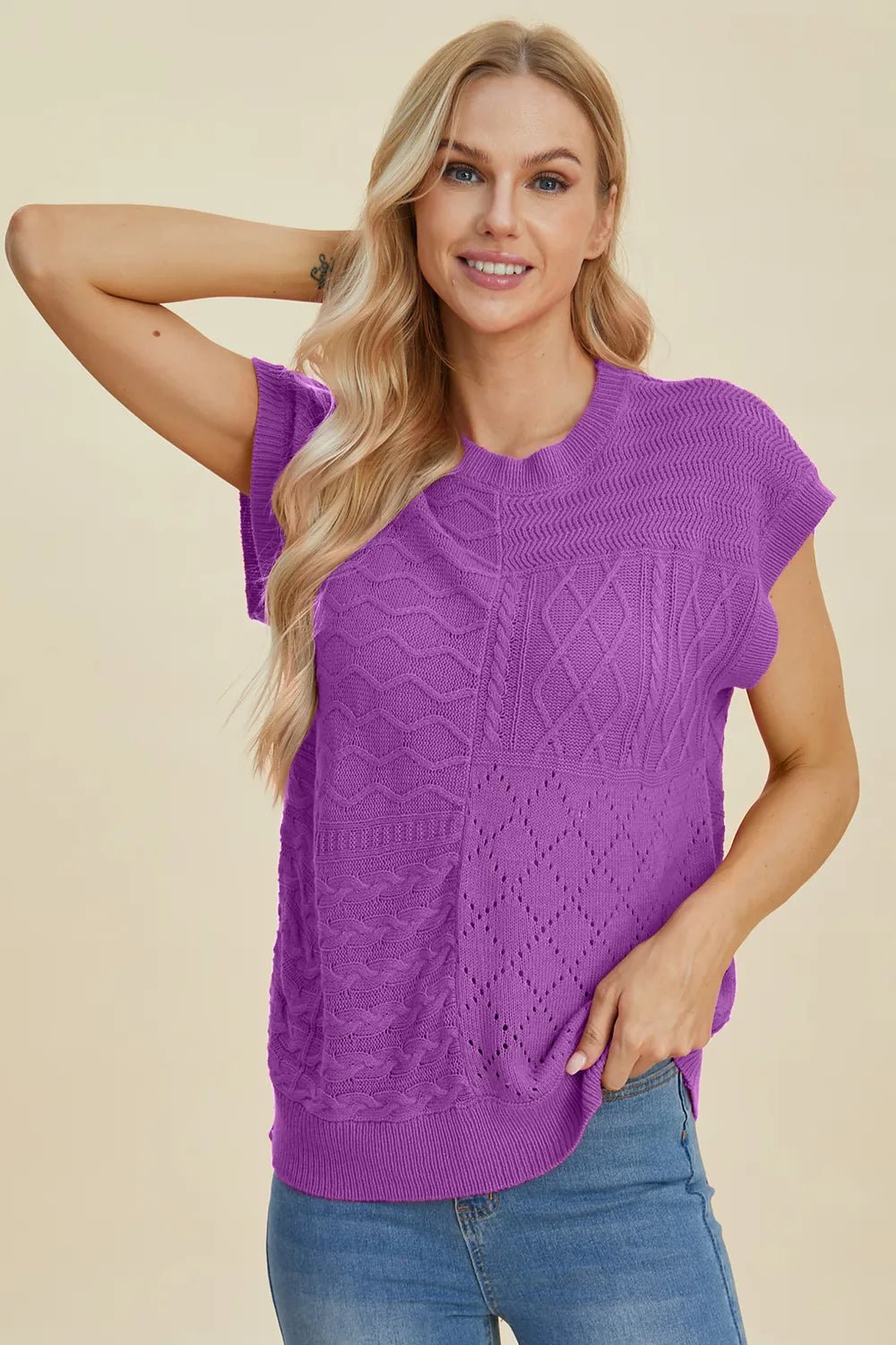Double Take Full Size Cable - Knit Round Neck Cap Sleeve Sweater - Salt & Stone