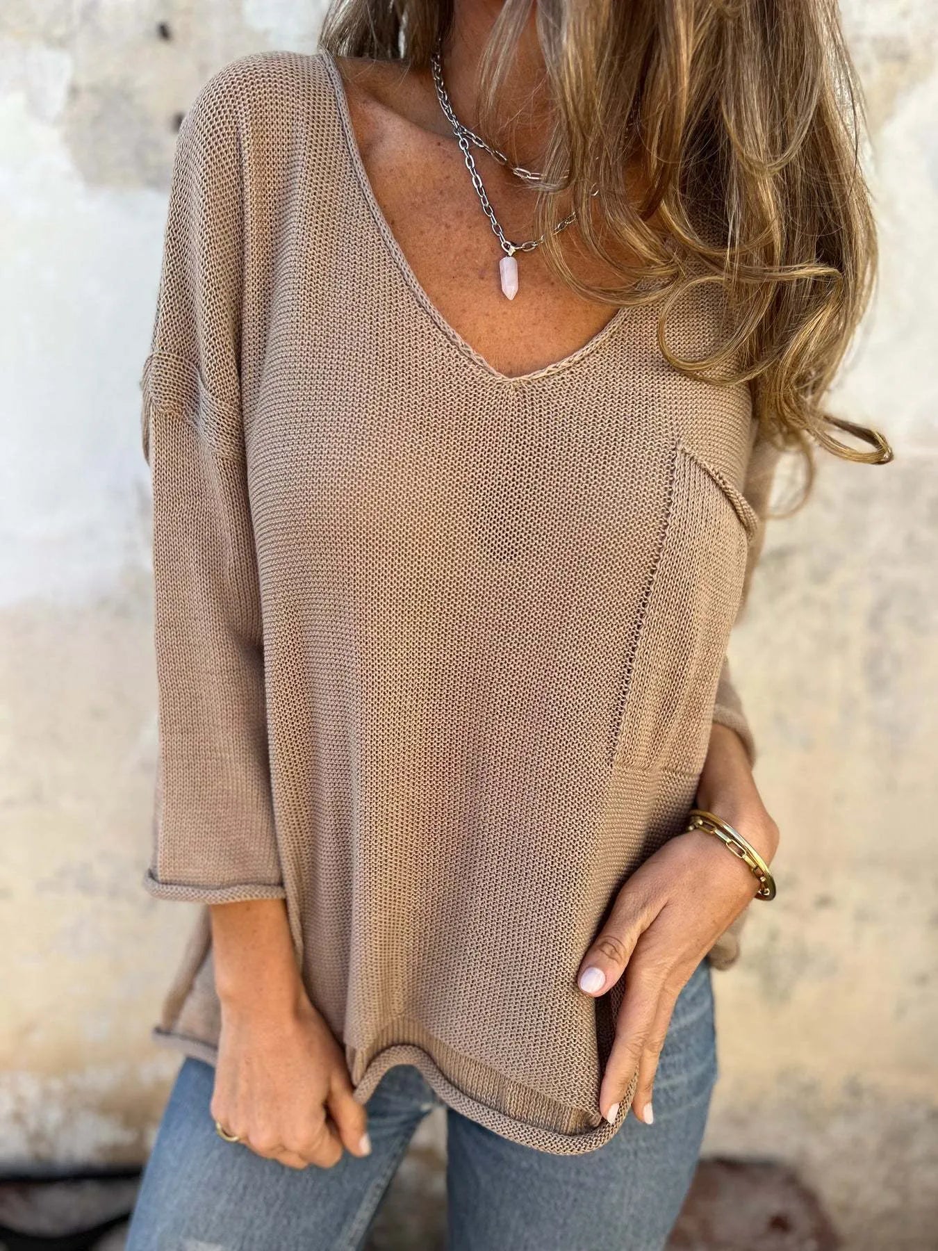 Full Size Casual V - Neck Knit Sweater Plus Size - Salt & Stone
