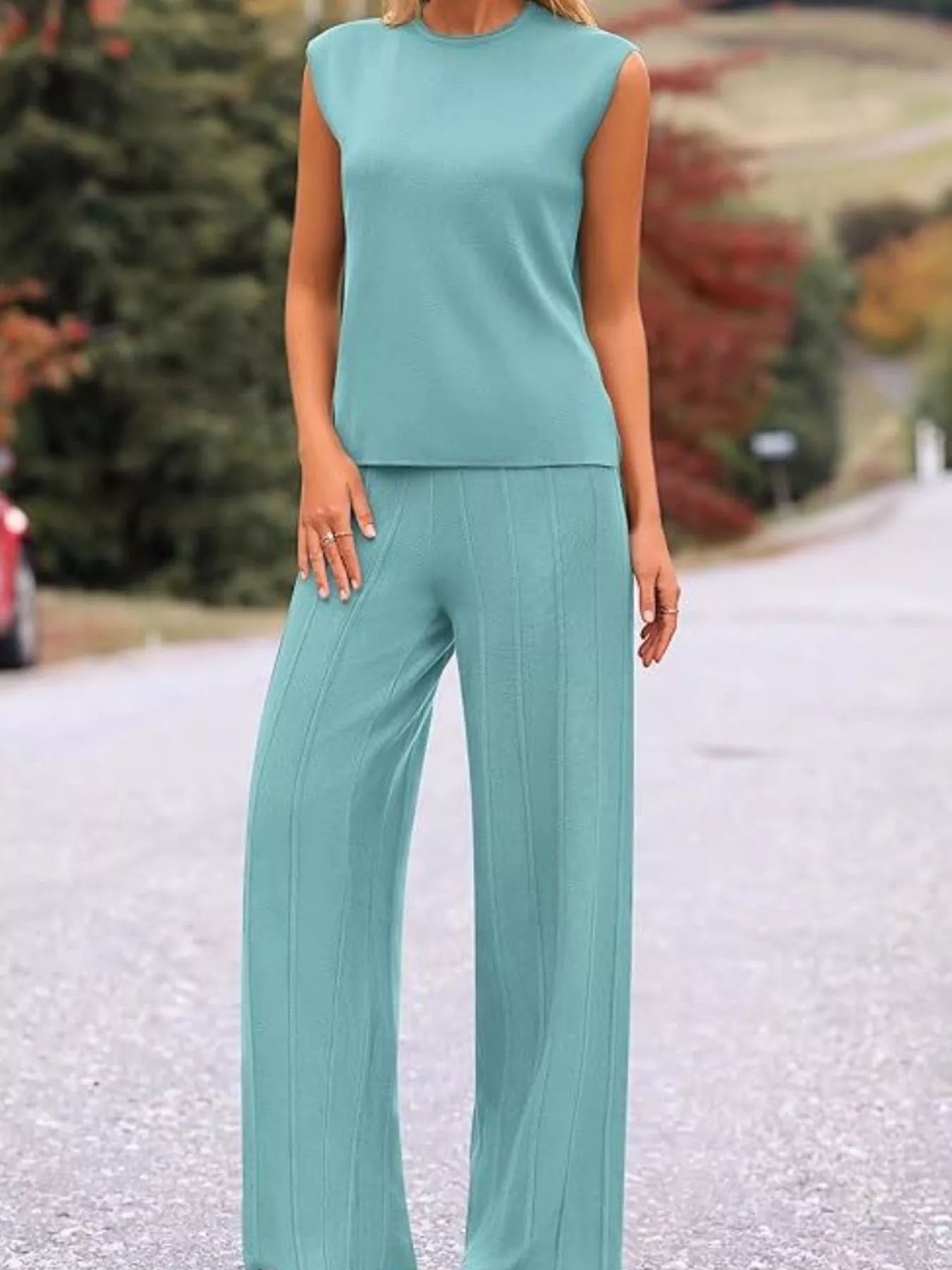 Casual Solid Color Cap Sleeve Top and Pants Knit Set - Salt & Stone