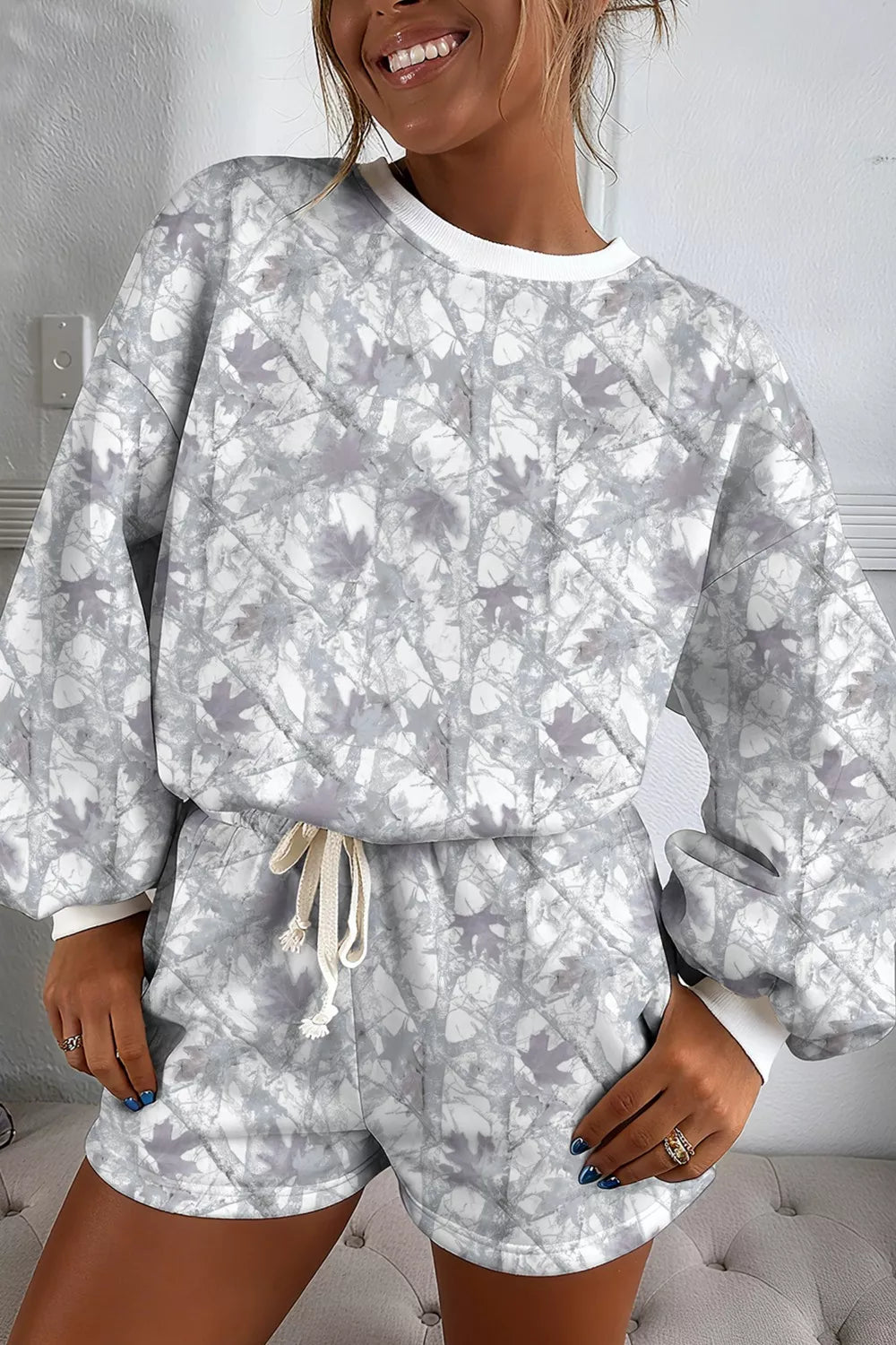 Abstract Woodland Camo Print Baggy Pullover Drawstring Shorts Set - Salt & Stone