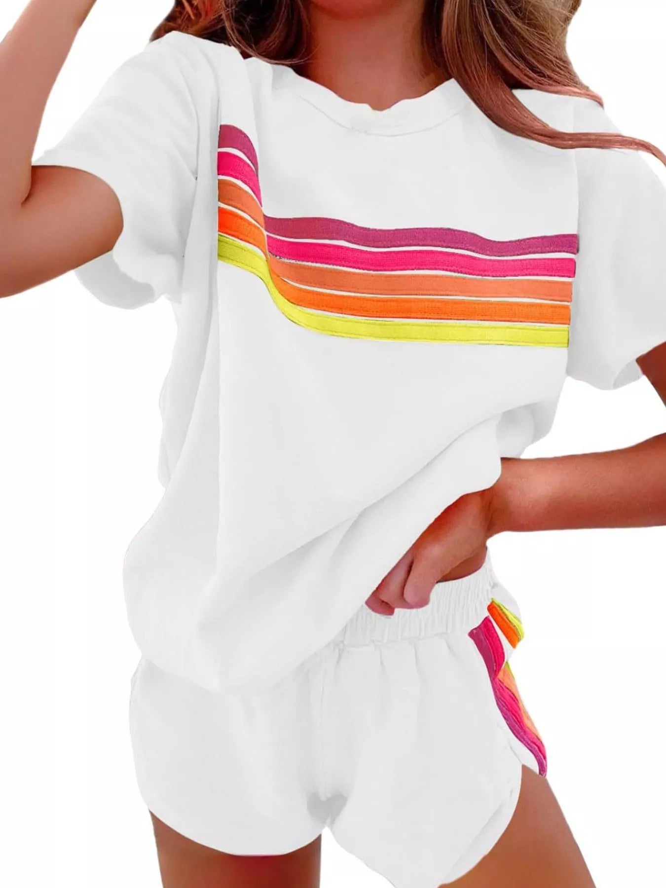 Rainbow Striped Round Neck Top and Shorts Set - Salt & Stone