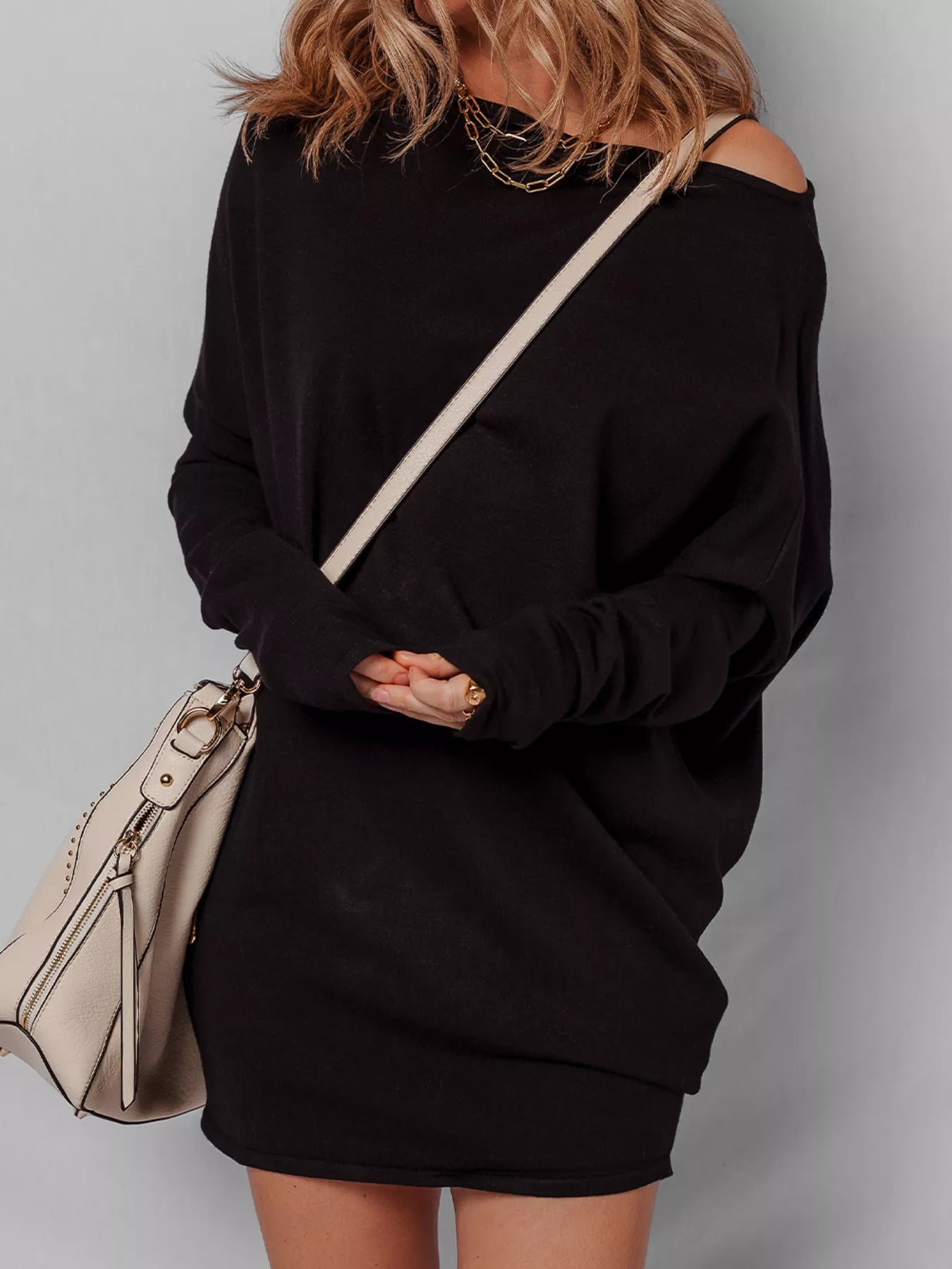 Asymmetric Neck Batwing Sleeve Shift Mini Sweater Dress - Salt & Stone