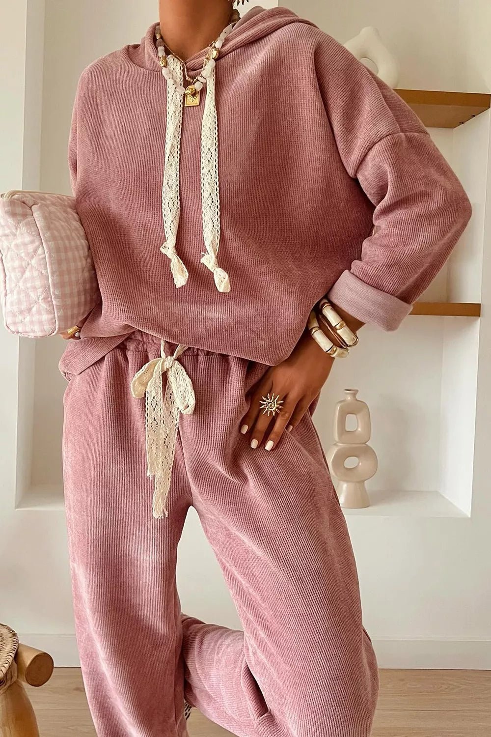 Lace Detail Dropped Shoulder Hoodie and Pants Set - Salt & Stone
