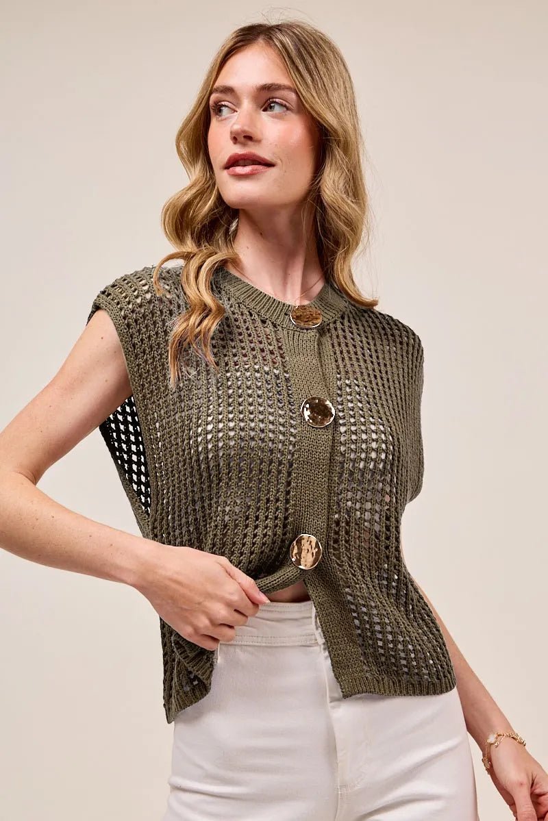 SO ME Big Metal Button Front Openwork Sweater Vest - Salt & Stone