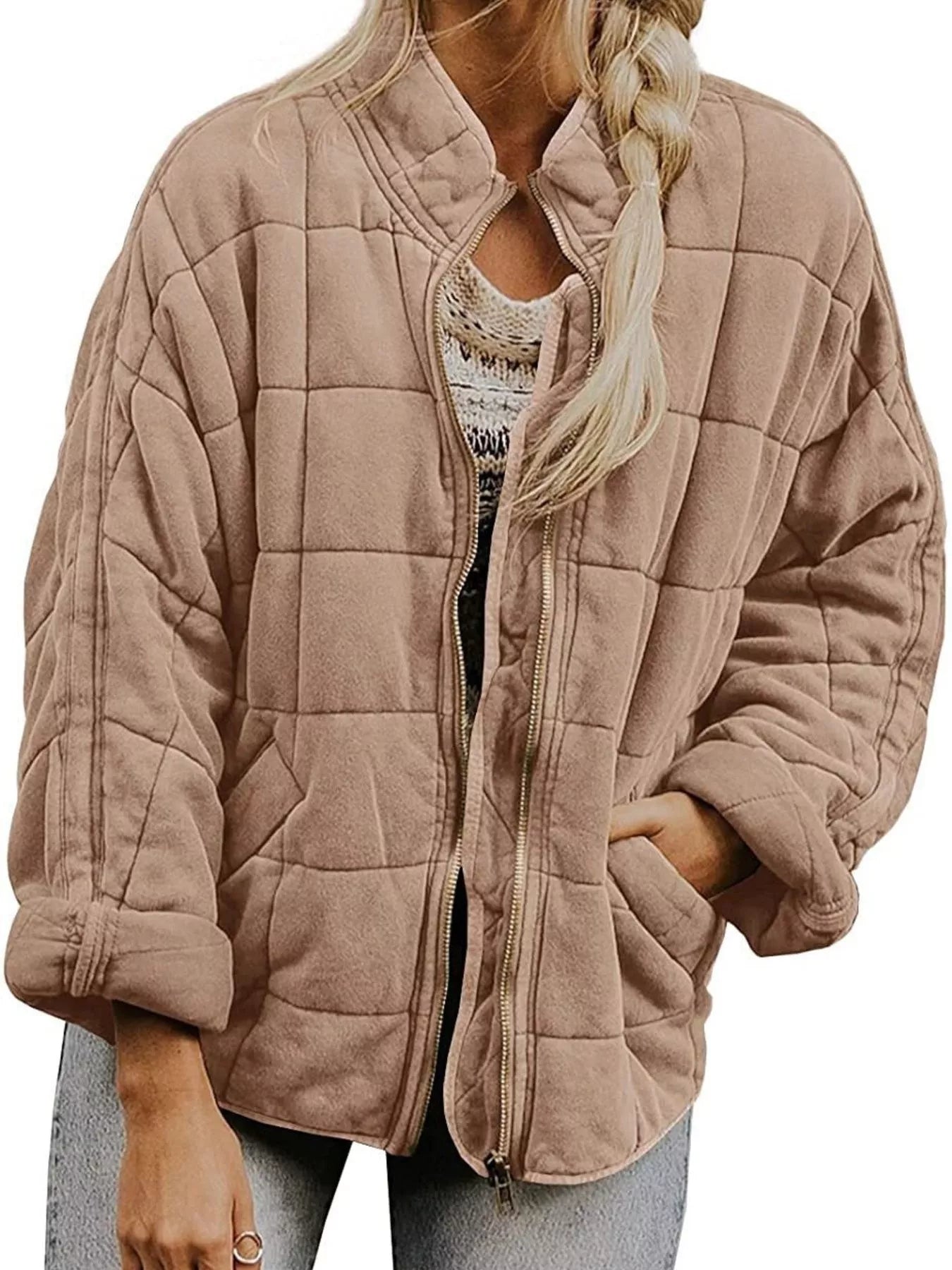 Full Size Zip Up Quilted Bomber Jacket Plus Size - Salt & Stone