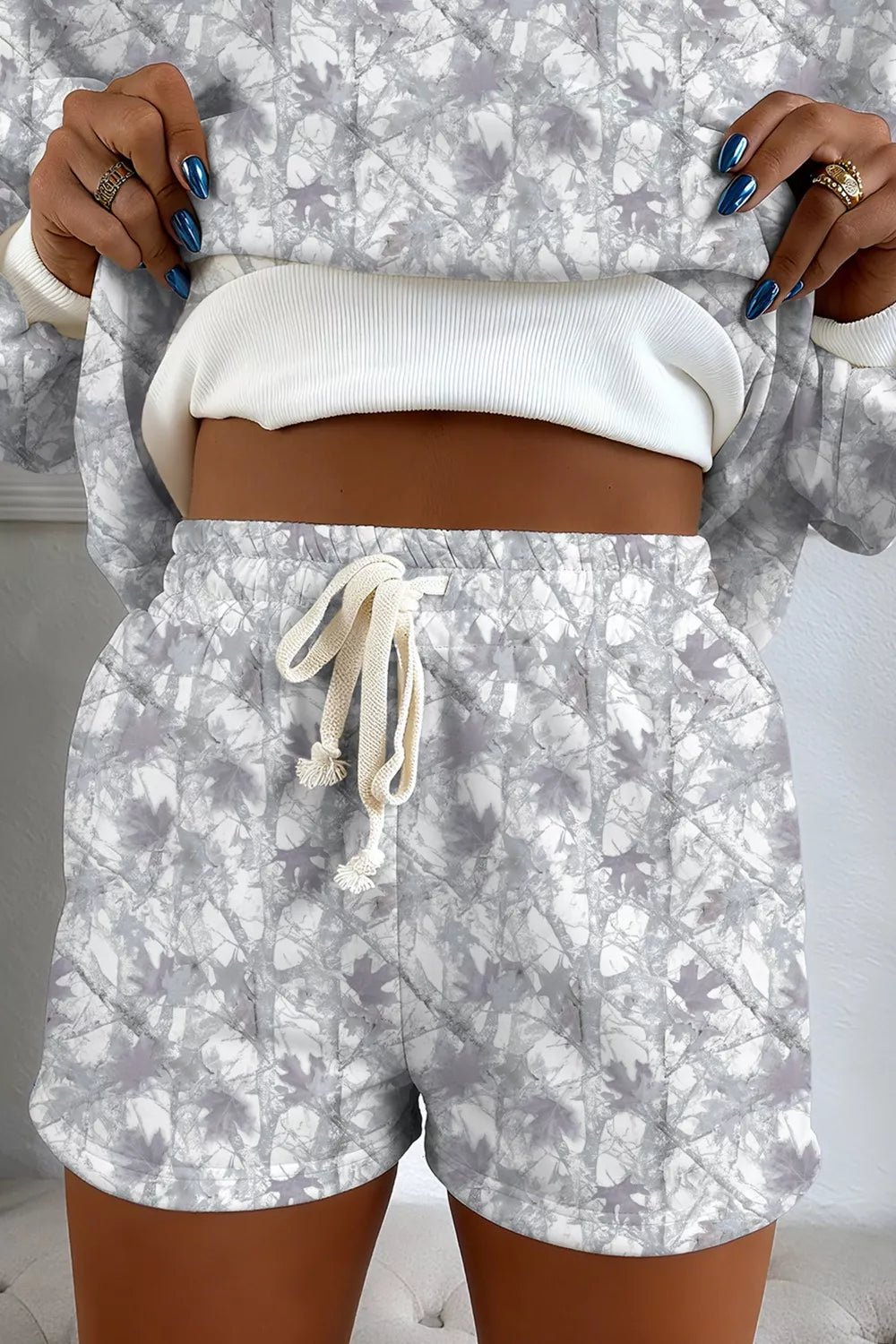 Abstract Woodland Camo Print Baggy Pullover Drawstring Shorts Set - Salt & Stone