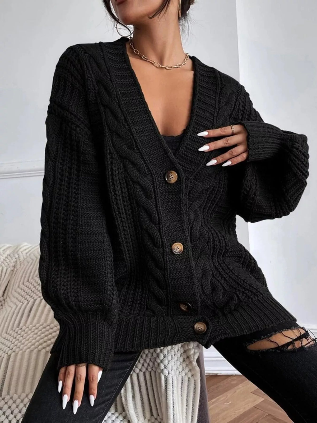 Chunky Knit Cable Knit Button-Up Cardigan - Salt & Stone