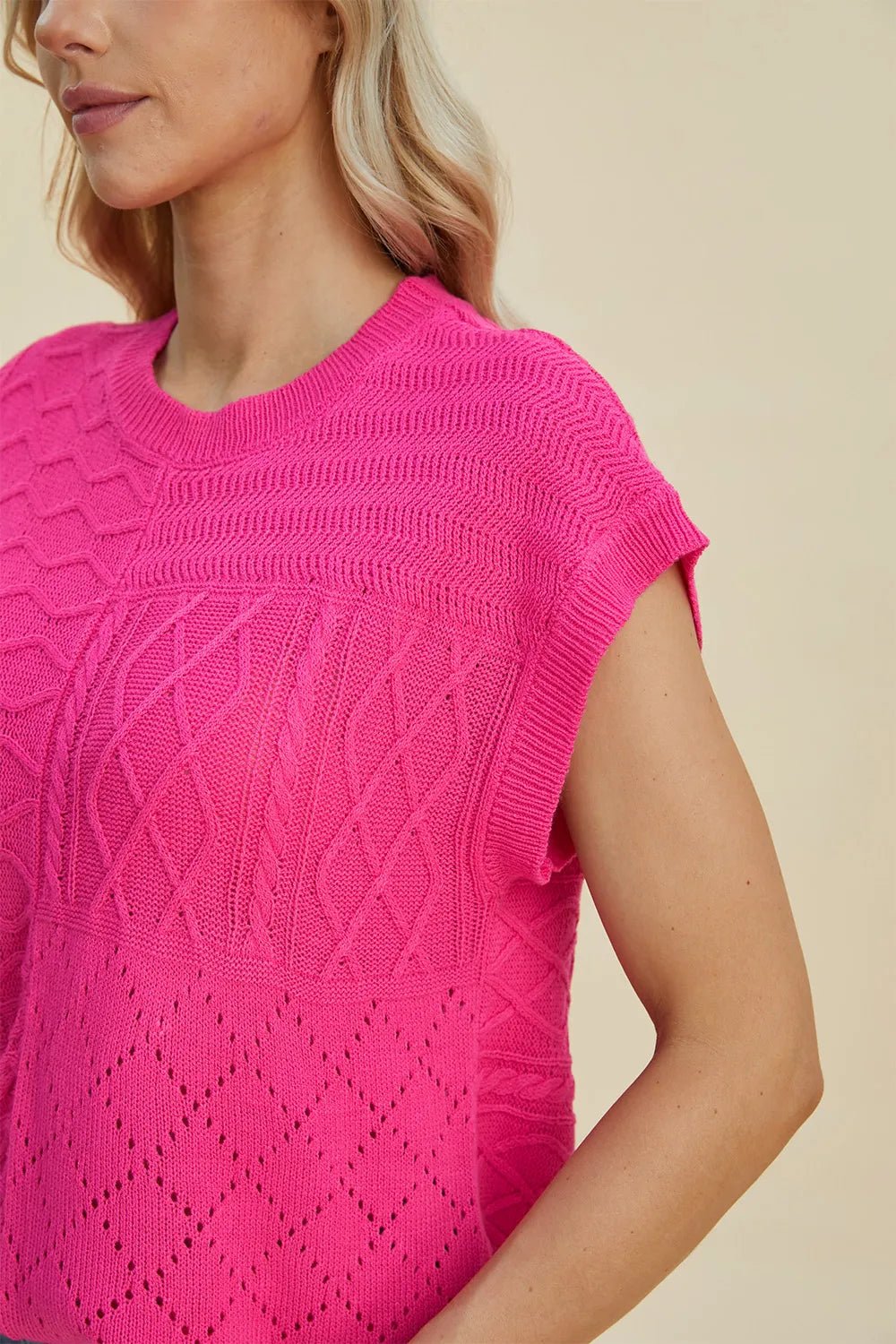 Double Take Full Size Cable - Knit Round Neck Cap Sleeve Sweater - Salt & Stone