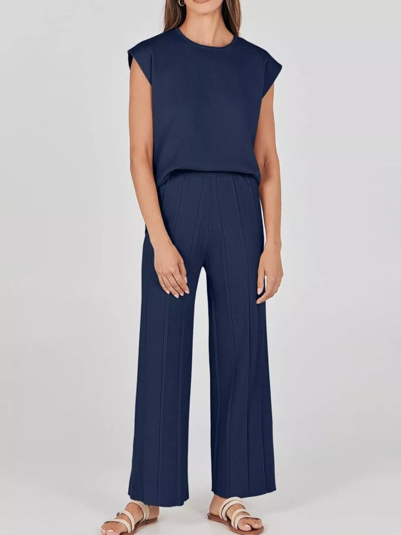 Casual Solid Color Cap Sleeve Top and Pants Knit Set - Salt & Stone