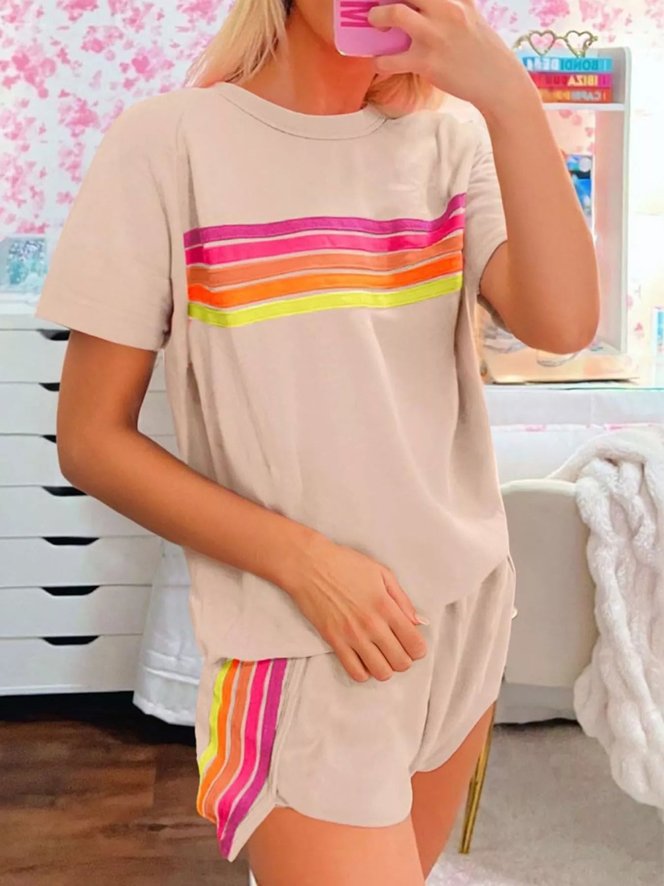 Rainbow Striped Round Neck Top and Shorts Set - Salt & Stone