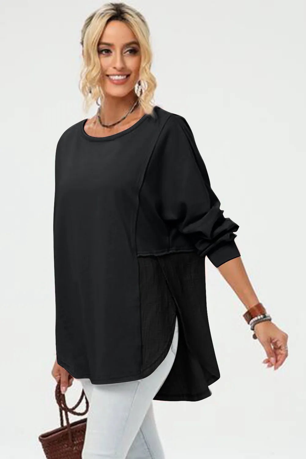 Double Take Full Size Long Sleeve High - Low T-Shirt - Salt & Stone