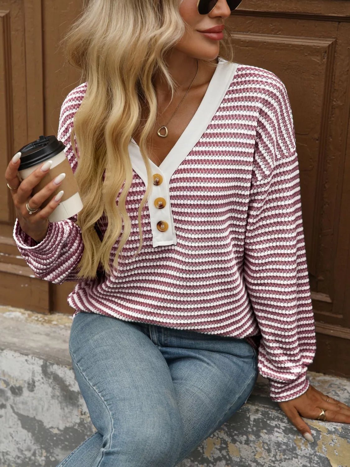 Striped Button Detail Long Sleeve T-Shirt - Salt & Stone