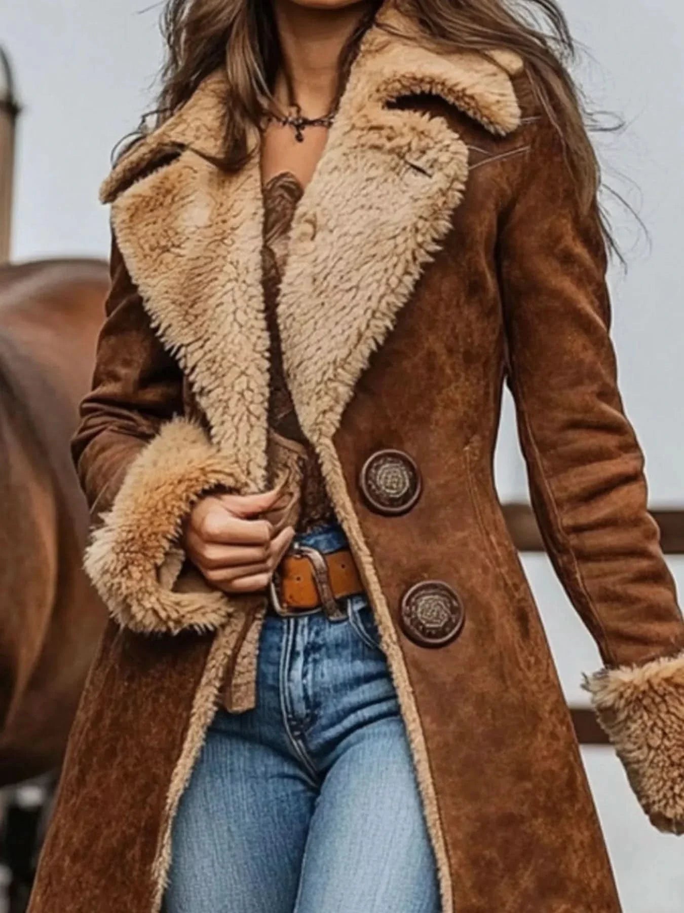 Vintage Faux Fur Trim Longline Coat For Women