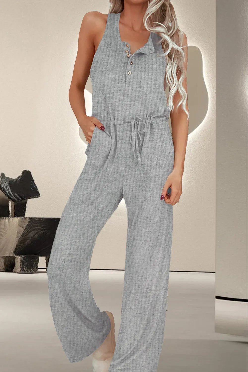 Drawstring Quarter Button Wide Strap Jumpsuit - Salt & Stone