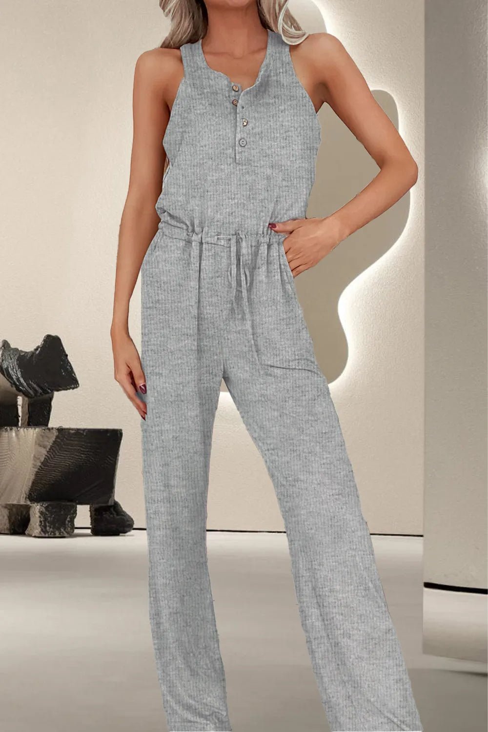 Drawstring Quarter Button Wide Strap Jumpsuit - Salt & Stone