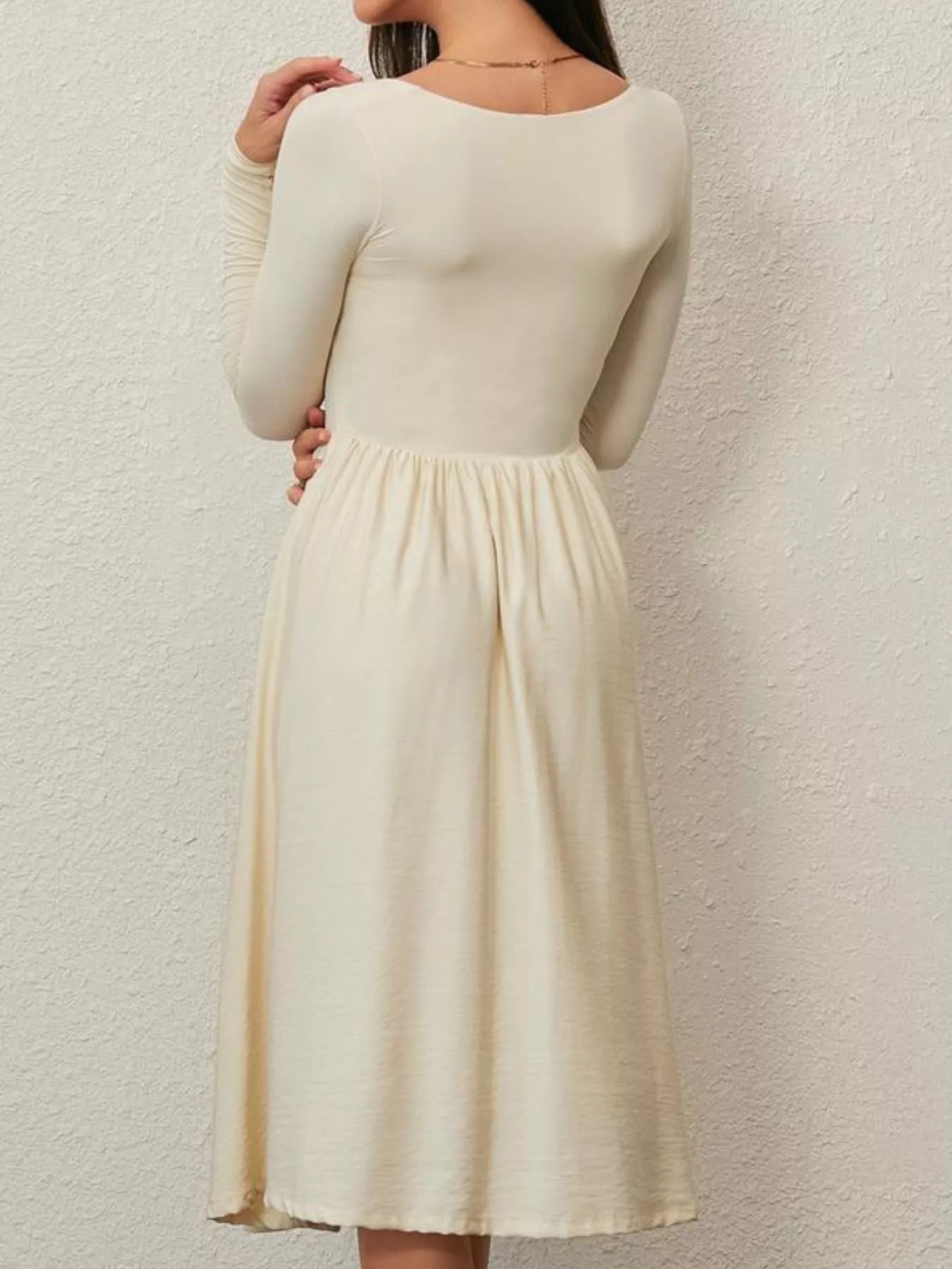 square neck long sleeve midi dress in ivory Express Women's Mixed Media Square Neck Long Sleeve Midi Dress in Neutral Small