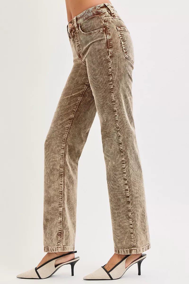 RISEN Tummy Control Mid Rise Straight Leg Corduroy Pants - Salt & Stone