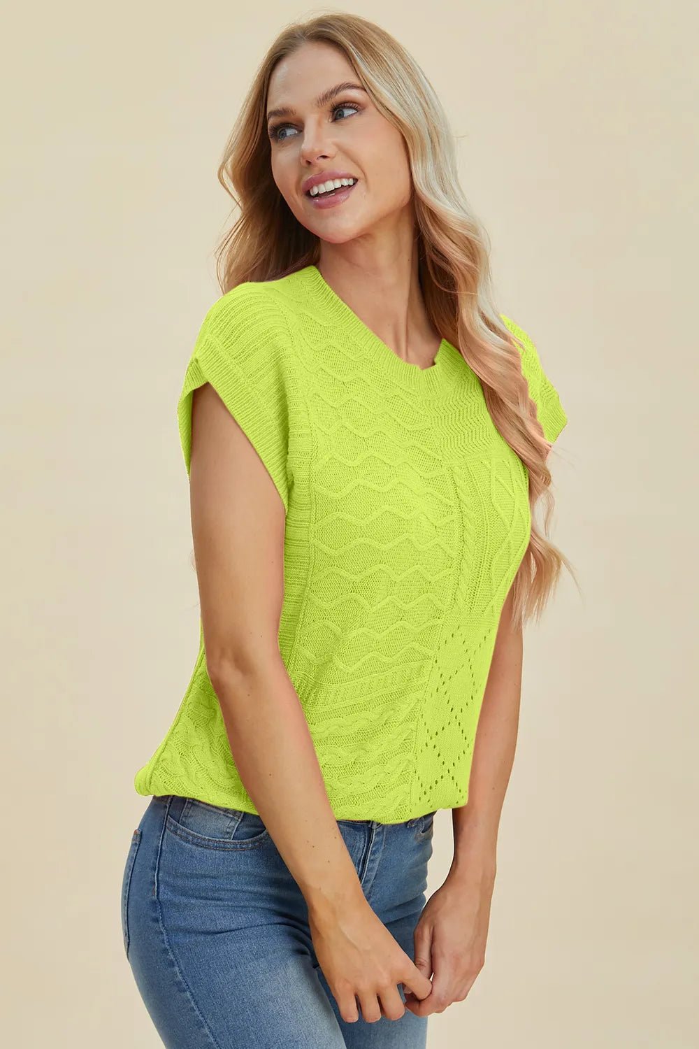 Double Take Full Size Cable - Knit Round Neck Cap Sleeve Sweater - Salt & Stone