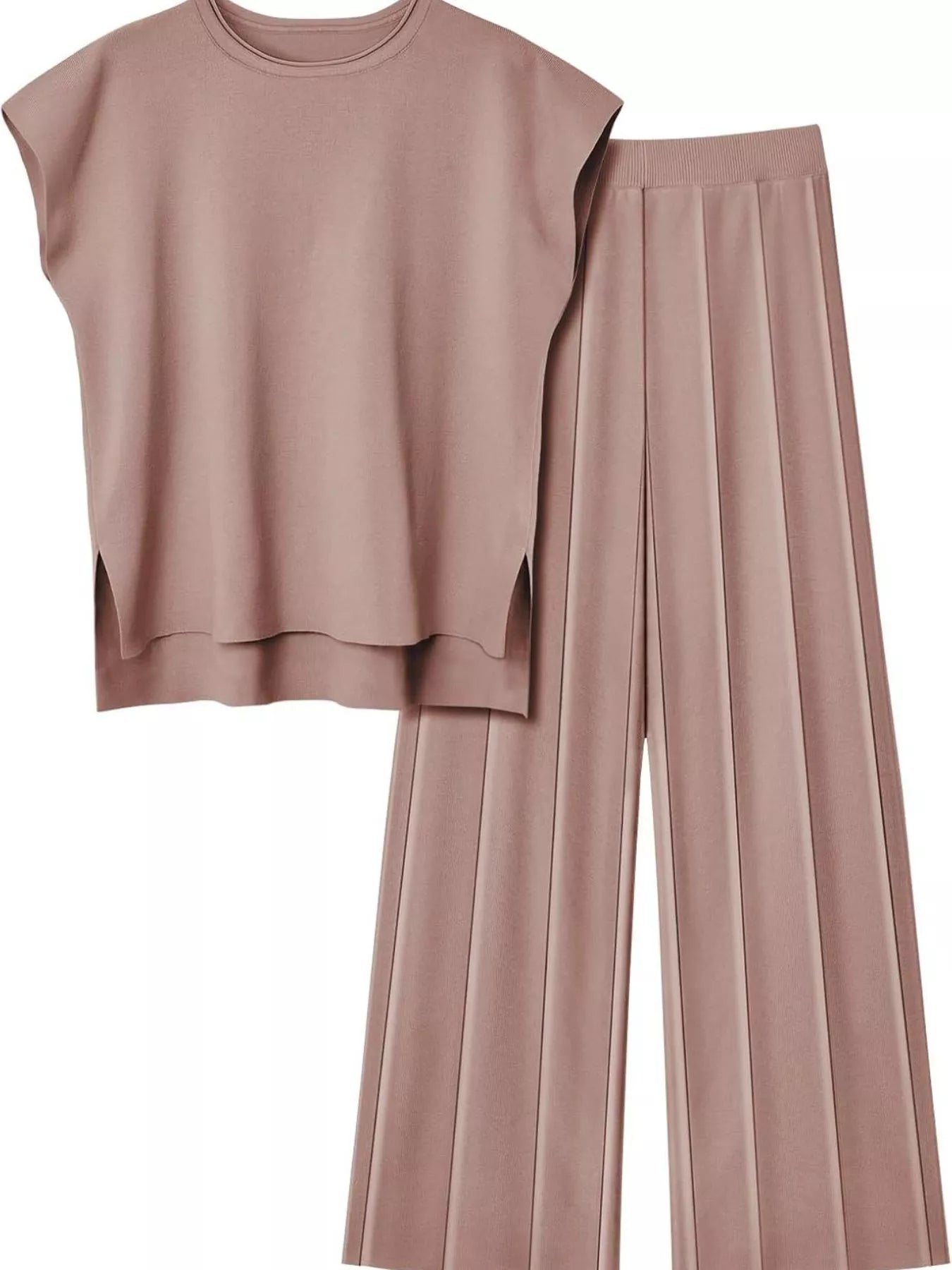 Casual Solid Color Cap Sleeve Top and Pants Knit Set - Salt & Stone