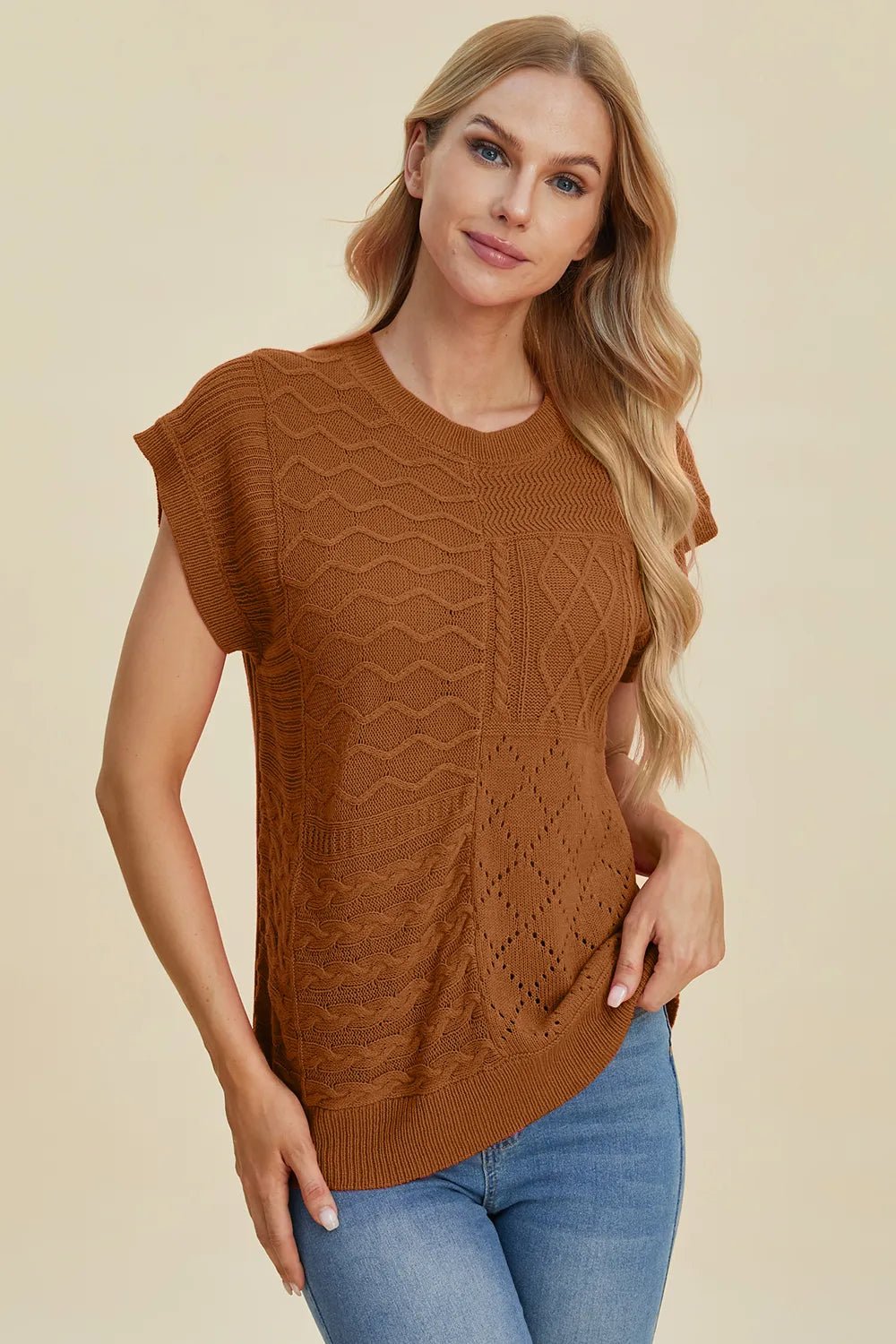 Double Take Full Size Cable - Knit Round Neck Cap Sleeve Sweater - Salt & Stone