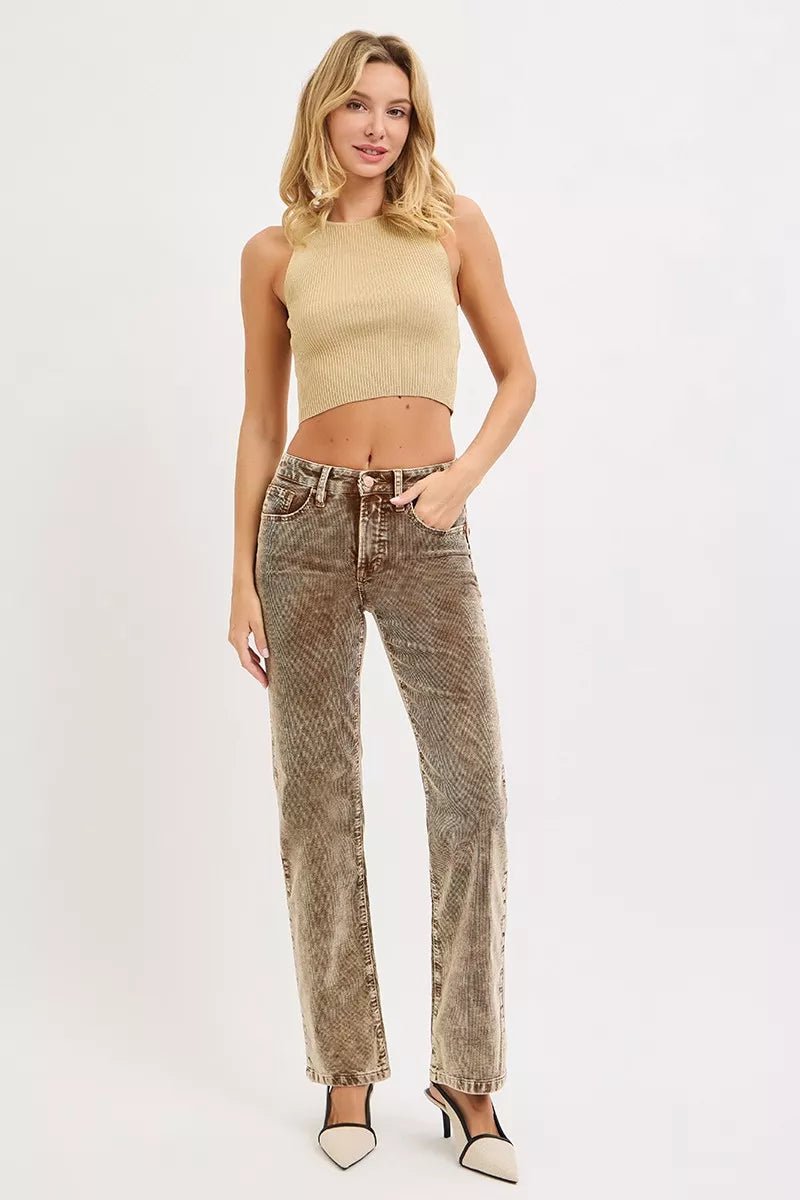 RISEN Tummy Control Mid Rise Straight Leg Corduroy Pants - Salt & Stone