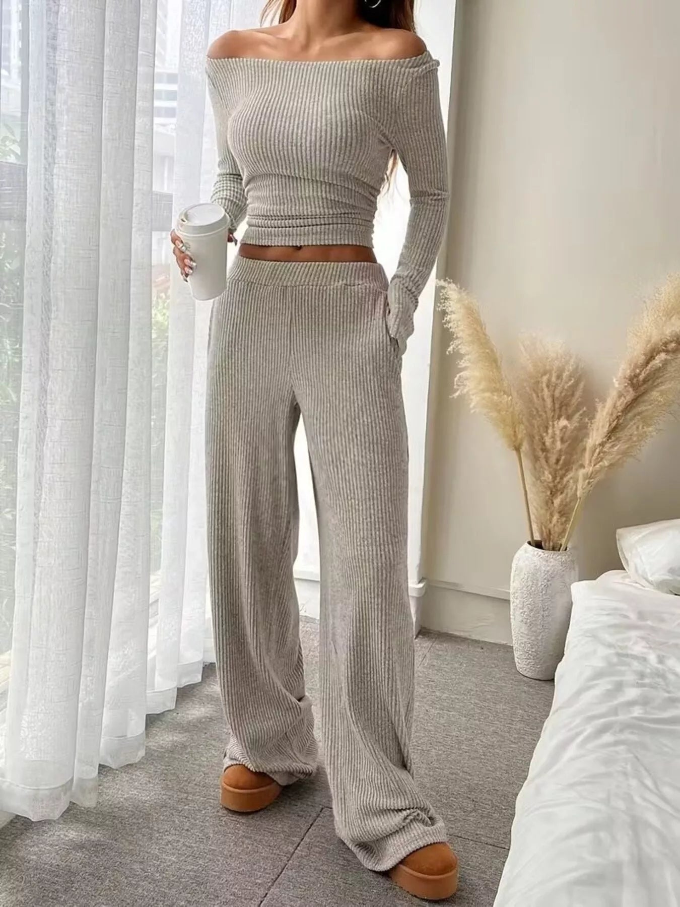 Ribbed Knit Boat Neck Top and Pants Set - Salt & Stone