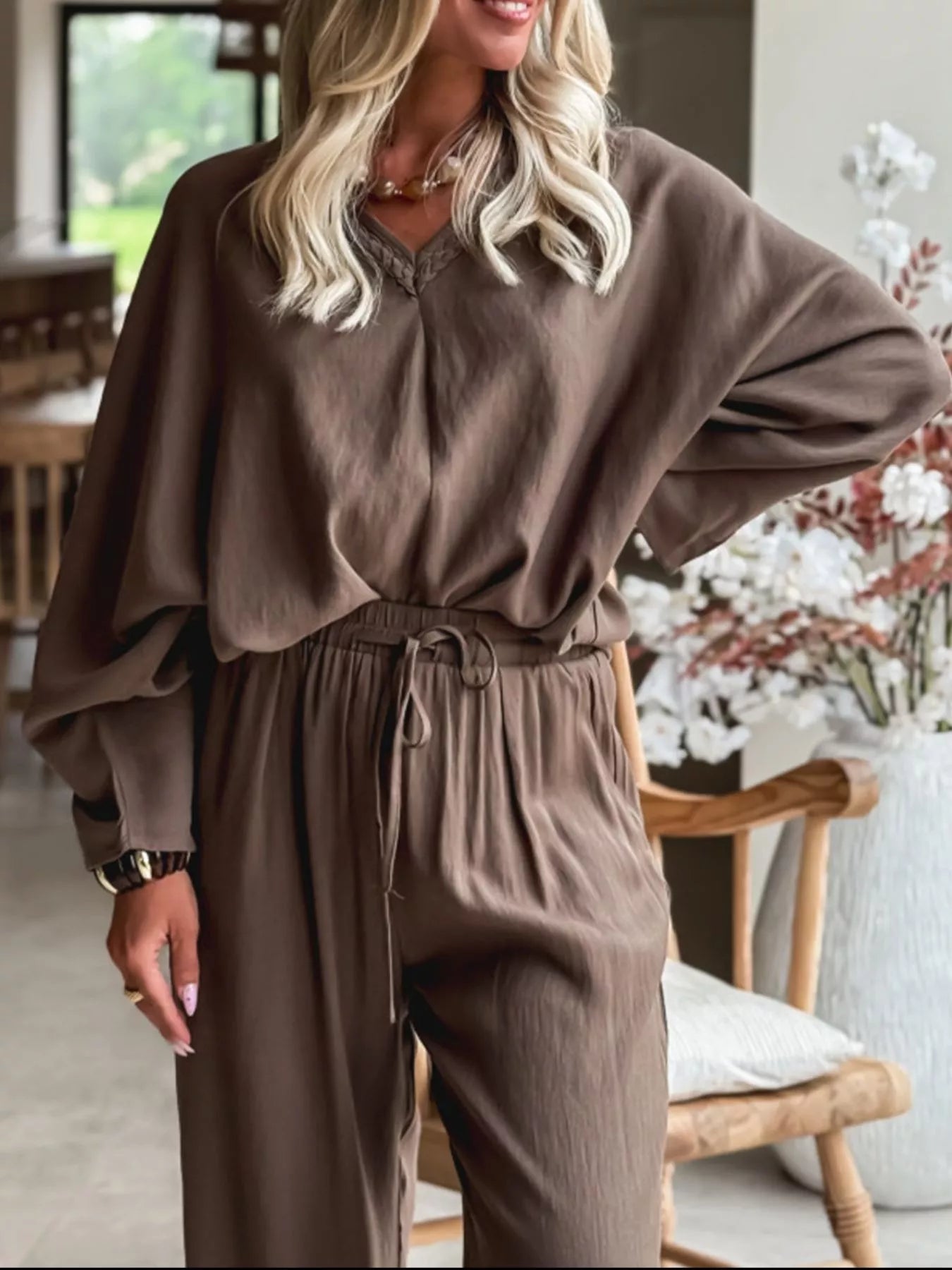 Braided V Neck Long Sleeve Loose Top and Drawstring High Waist Pants 2pcs Outfit - Salt & Stone