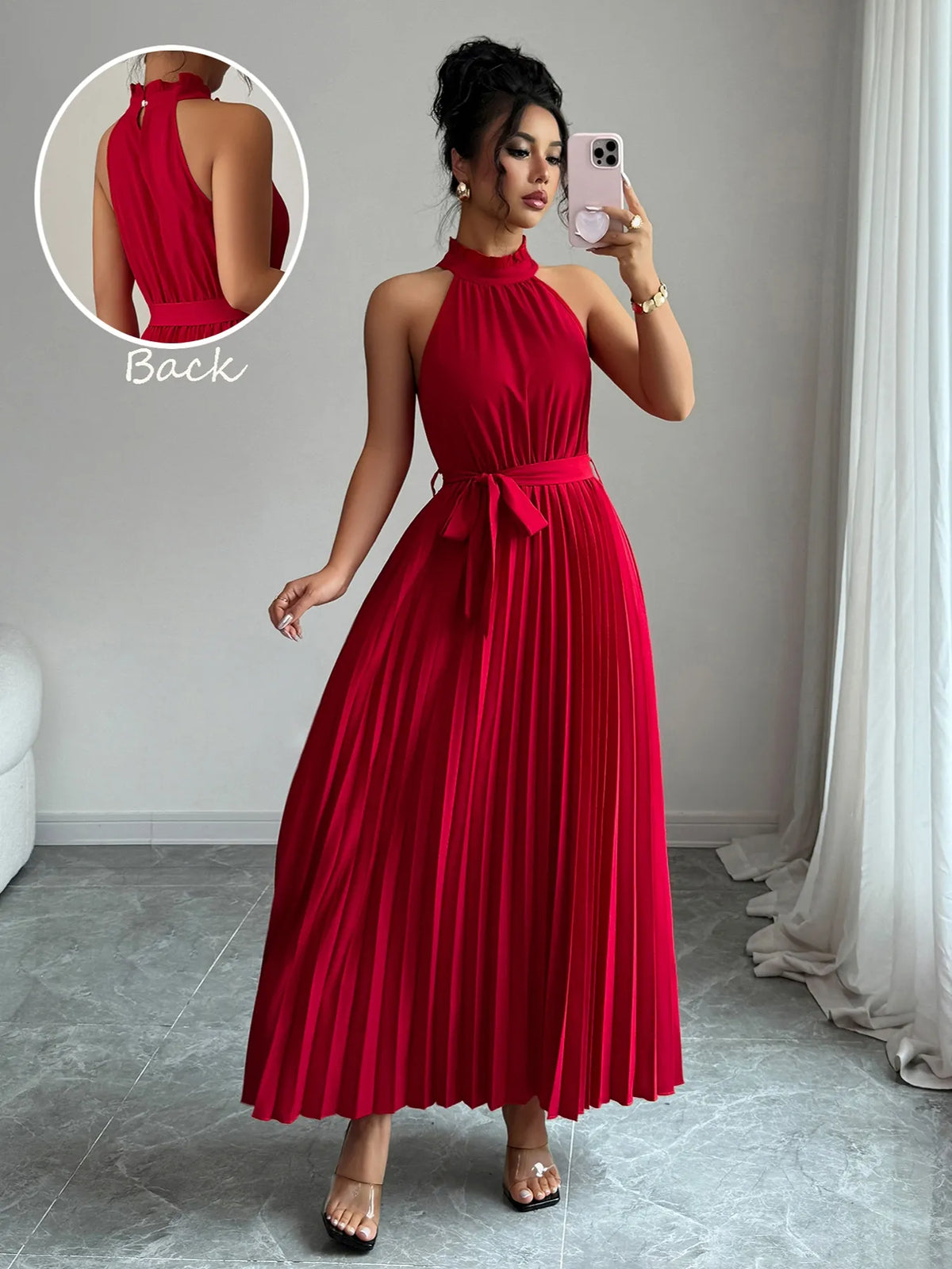 Pleated Halter Neck Tie Waist Maxi Dress - Salt & Stone