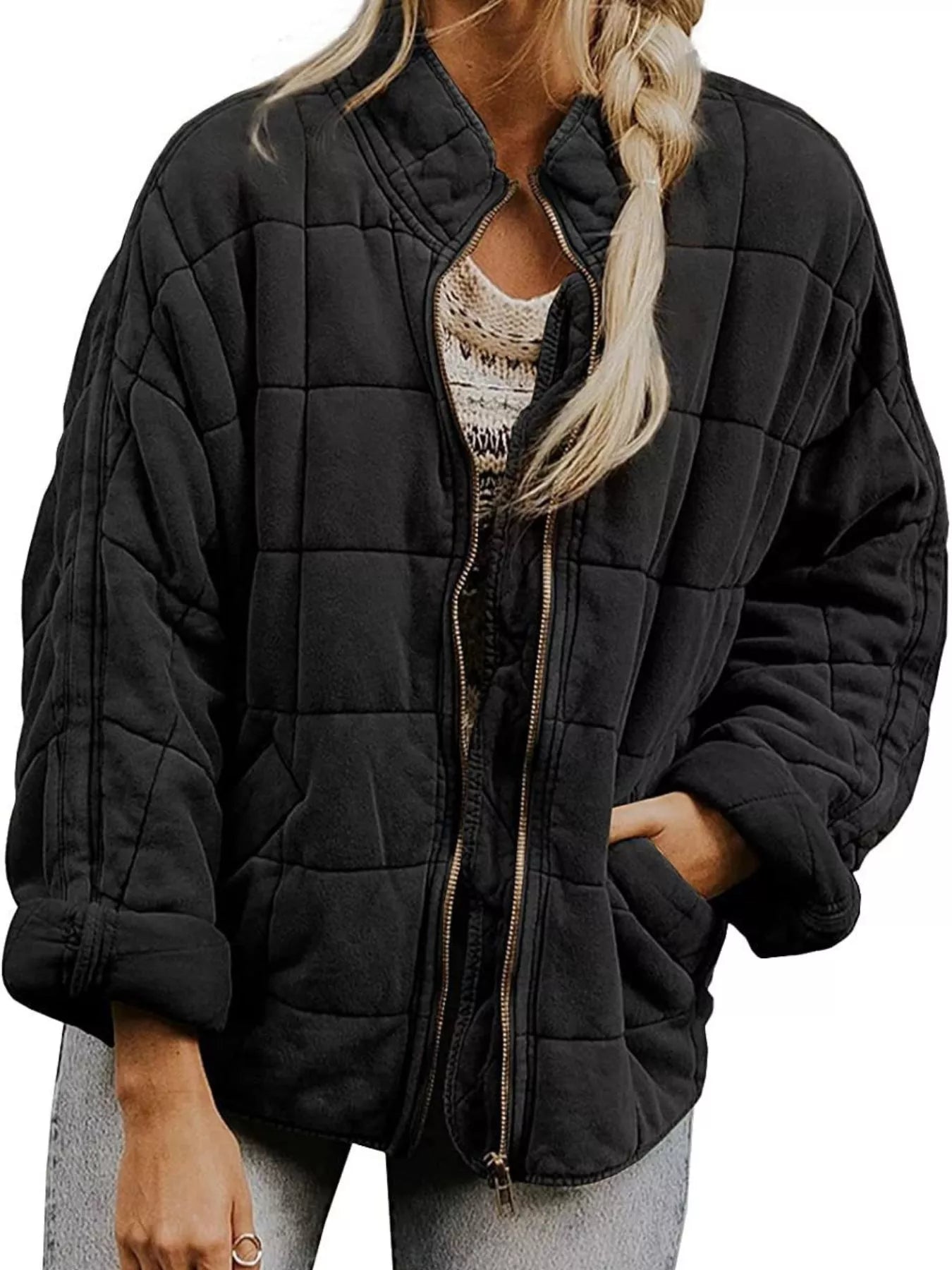 Full Size Zip Up Quilted Bomber Jacket Plus Size - Salt & Stone