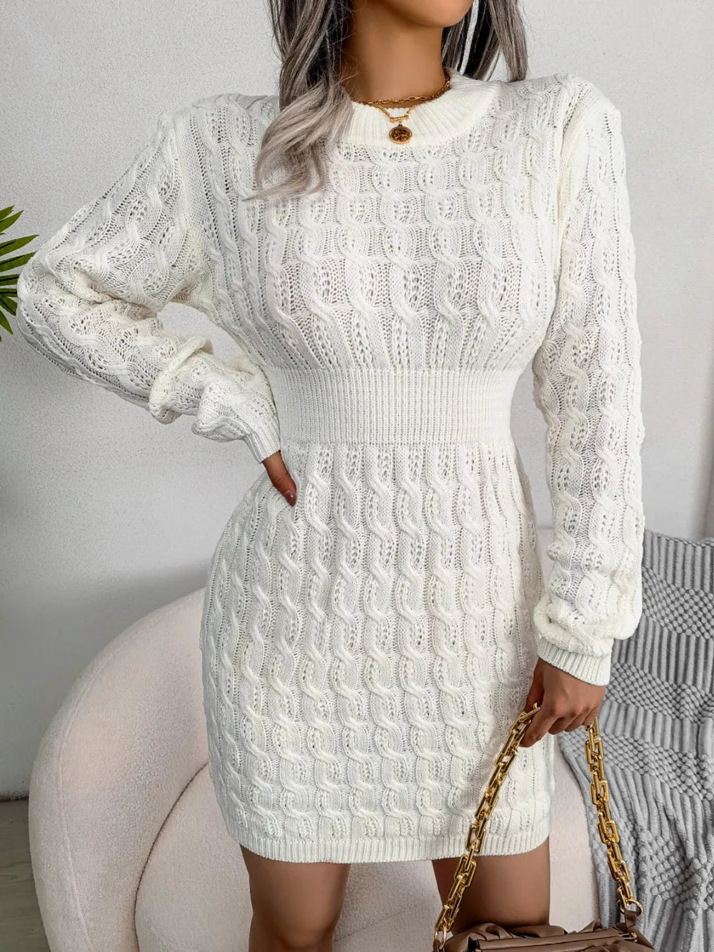 Cable - Knit Round Neck Mini Wrap Sweater Dress - Salt & Stone
