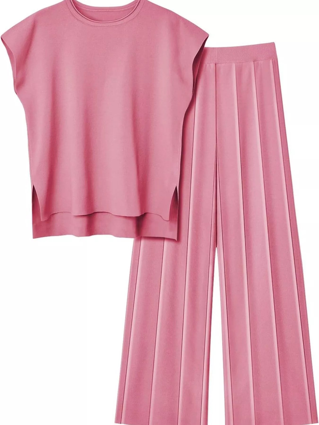 Casual Solid Color Cap Sleeve Top and Pants Knit Set - Salt & Stone