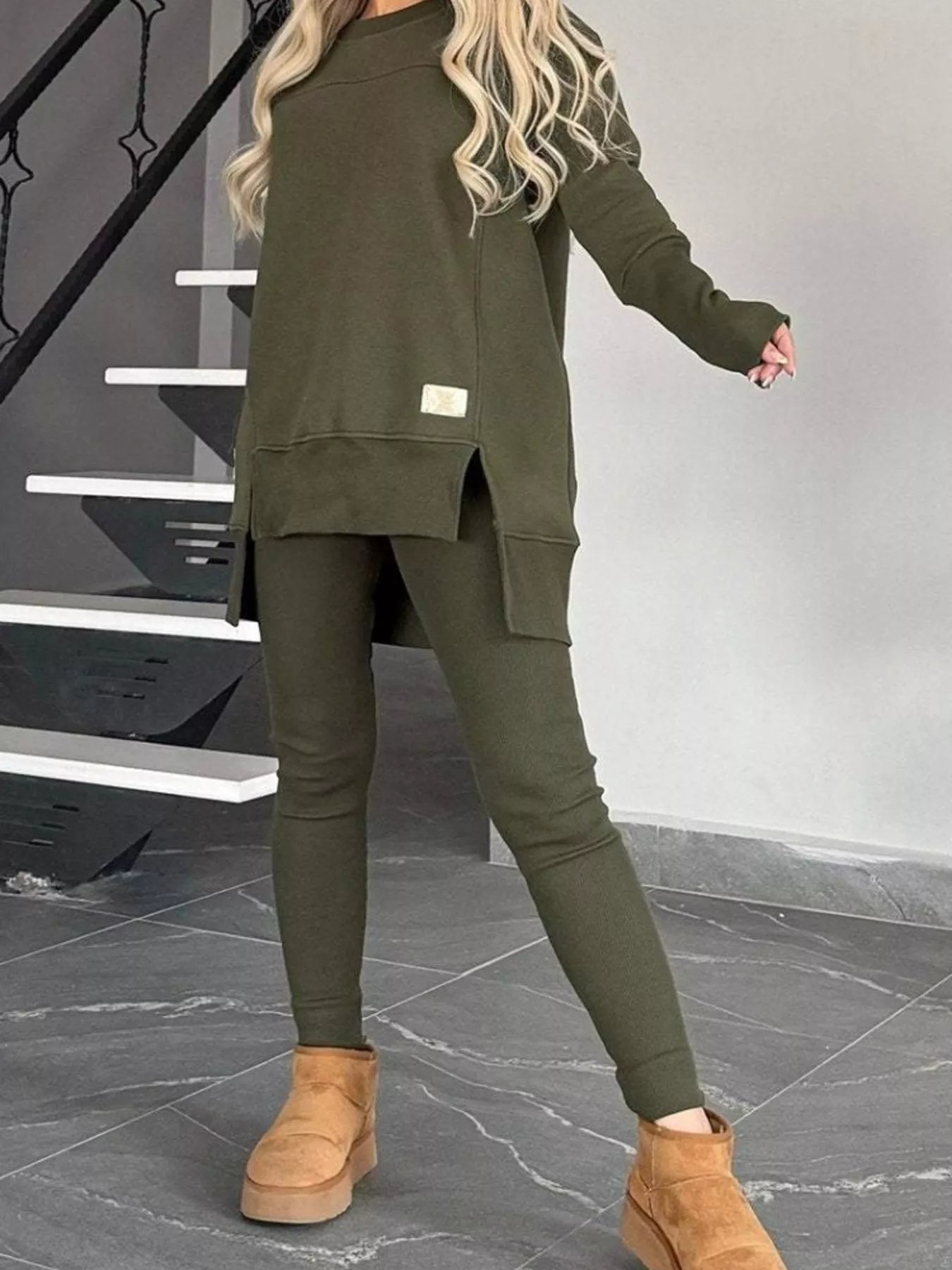 Full Size Slit Round Neck Top and Pants Set Plus Size - Salt & Stone