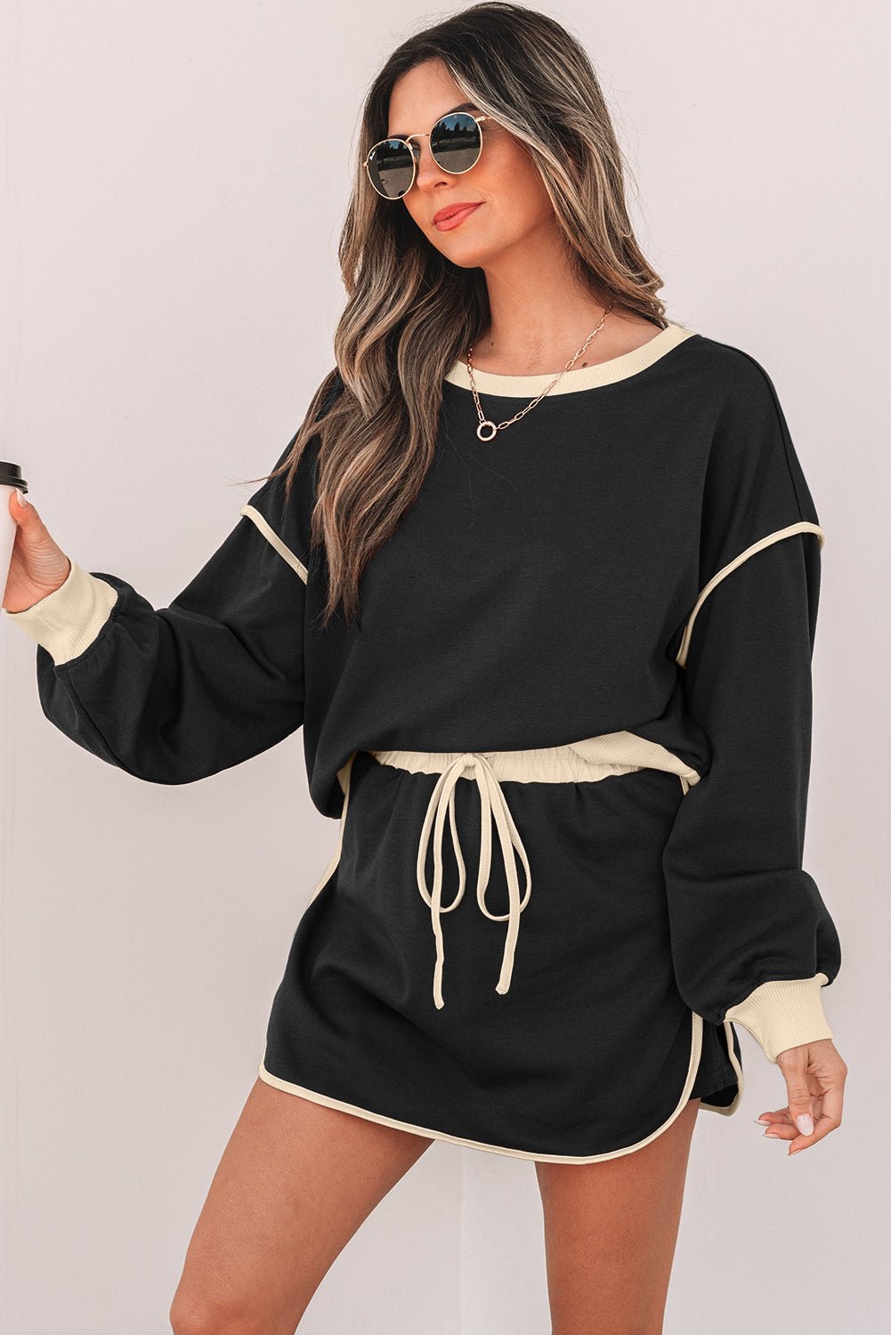 Black Color Contrast Loose Pullover and Lace - up Waist Skort Set - Salt & Stone