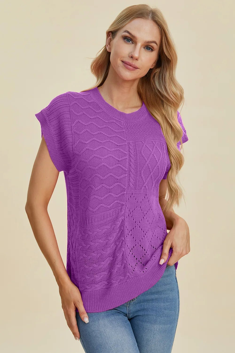 Double Take Full Size Cable - Knit Round Neck Cap Sleeve Sweater - Salt & Stone