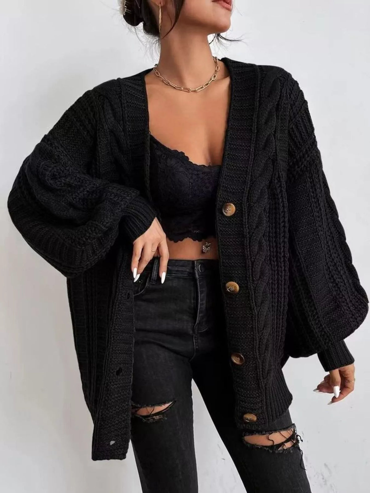 Chunky Knit Cable Knit Button-Up Cardigan - Salt & Stone