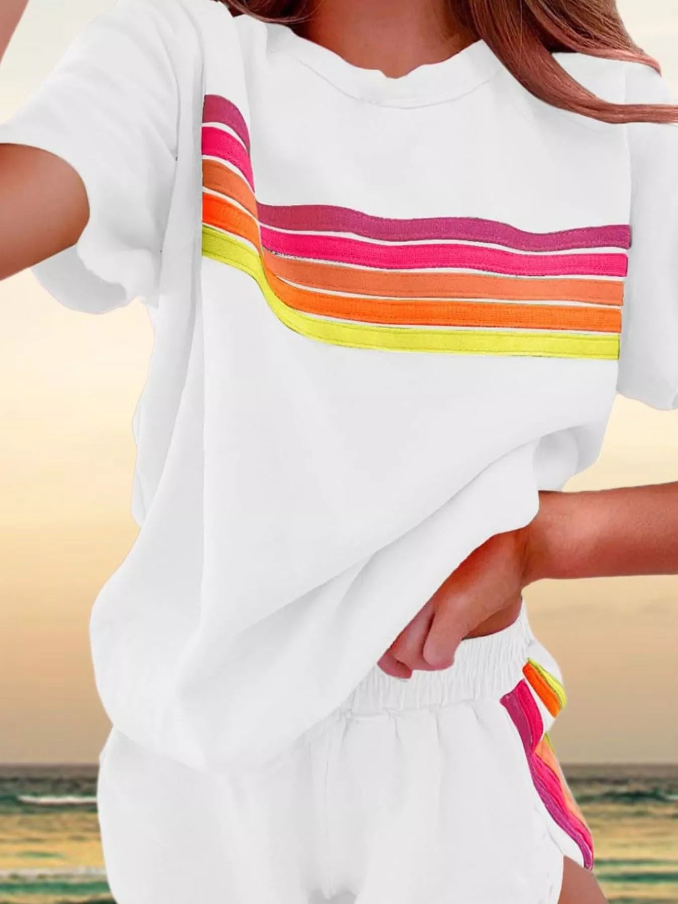 Rainbow Striped Round Neck Top and Shorts Set - Salt & Stone