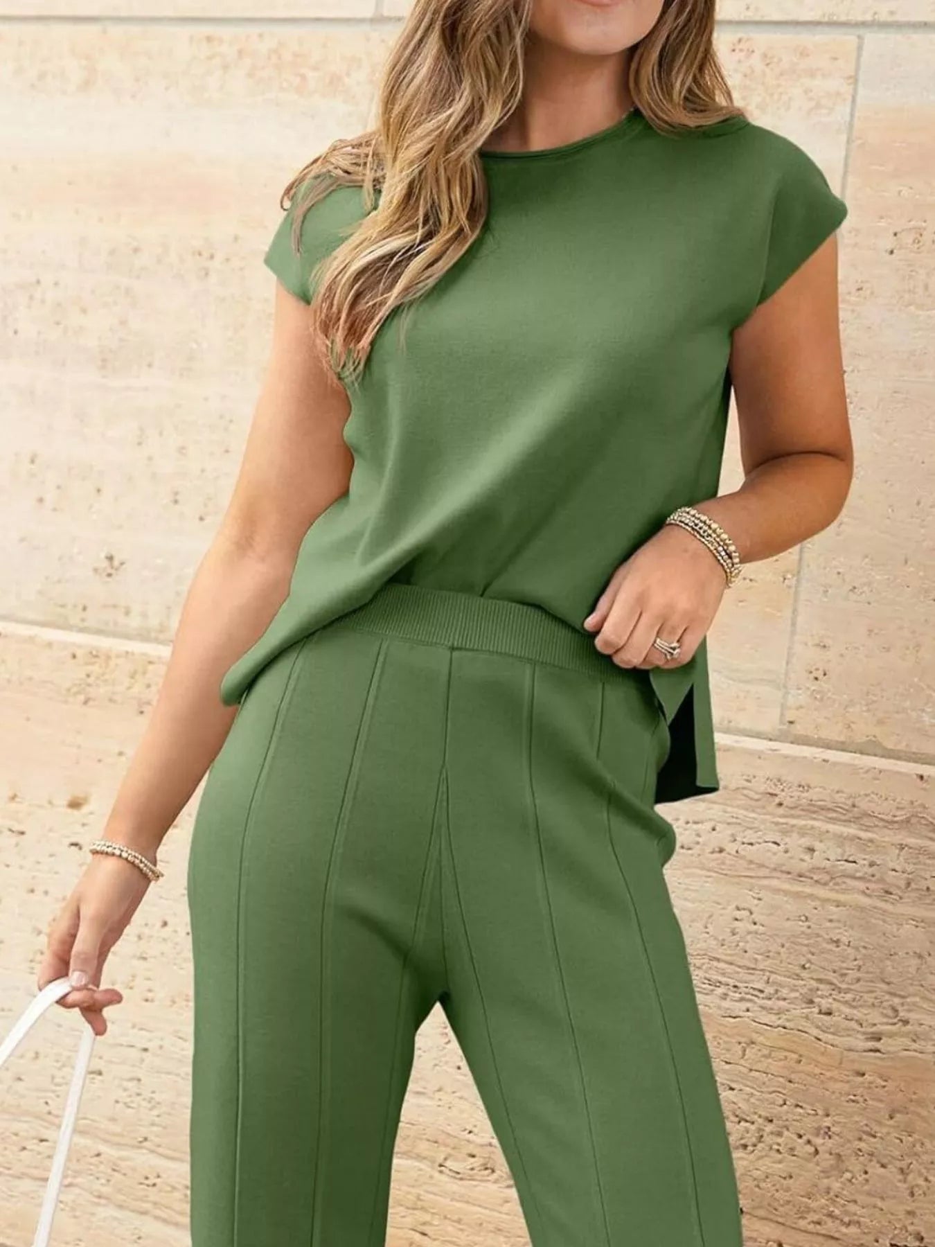 Casual Solid Color Cap Sleeve Top and Pants Knit Set - Salt & Stone