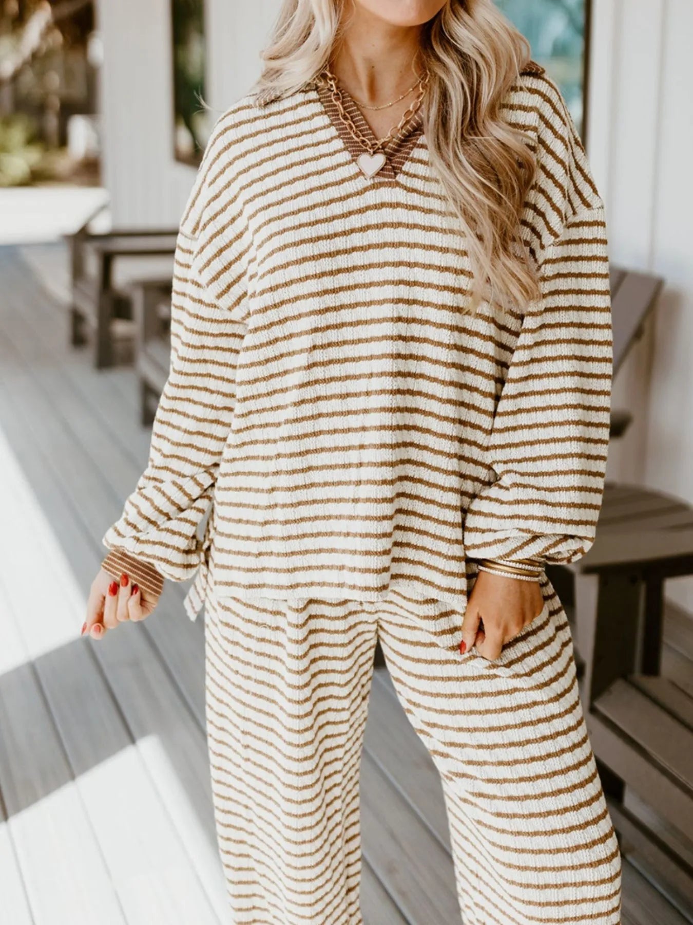 Stripe Collared Top and Drawstring Pant Set - Salt & Stone
