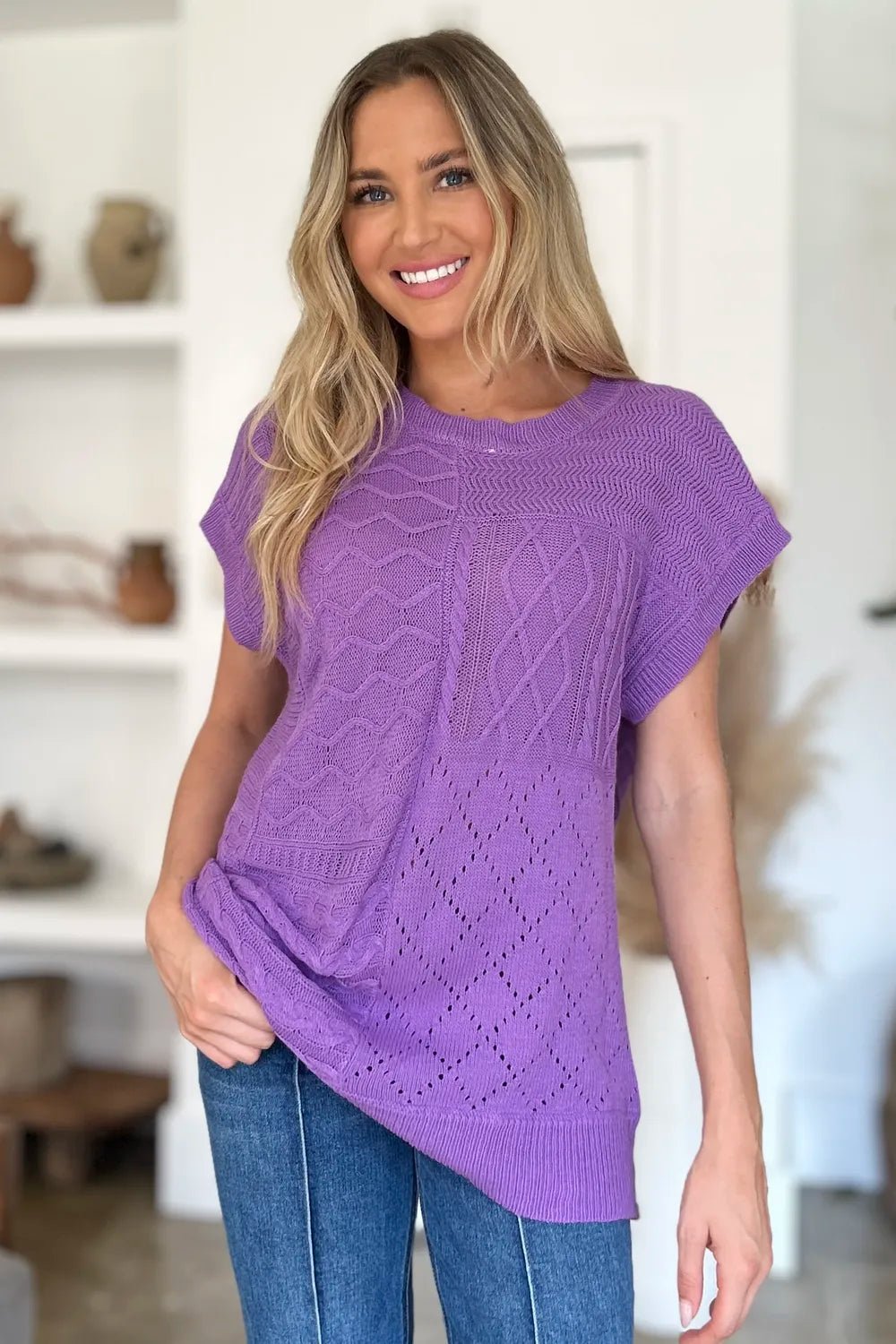 Double Take Full Size Cable - Knit Round Neck Cap Sleeve Sweater - Salt & Stone