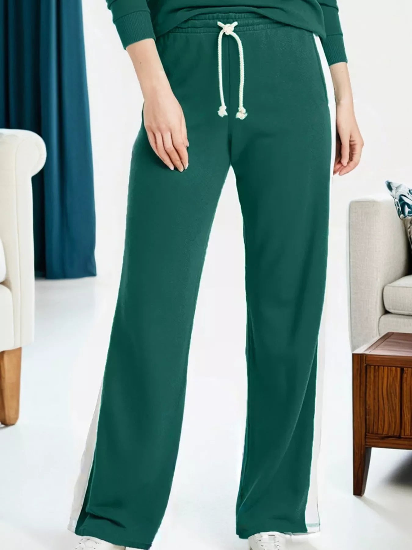 Round Neck Top and Stripe Detail Drawstring Pants Set - Salt & Stone