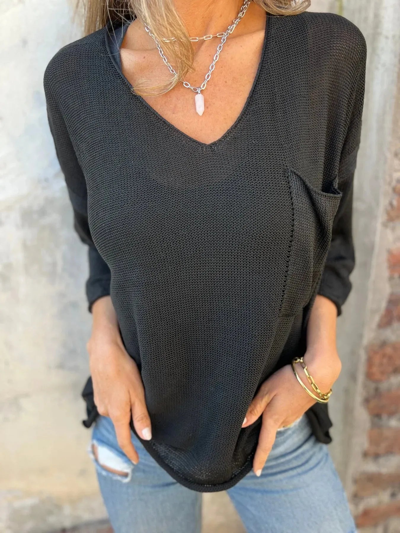 Full Size Casual V - Neck Knit Sweater Plus Size - Salt & Stone