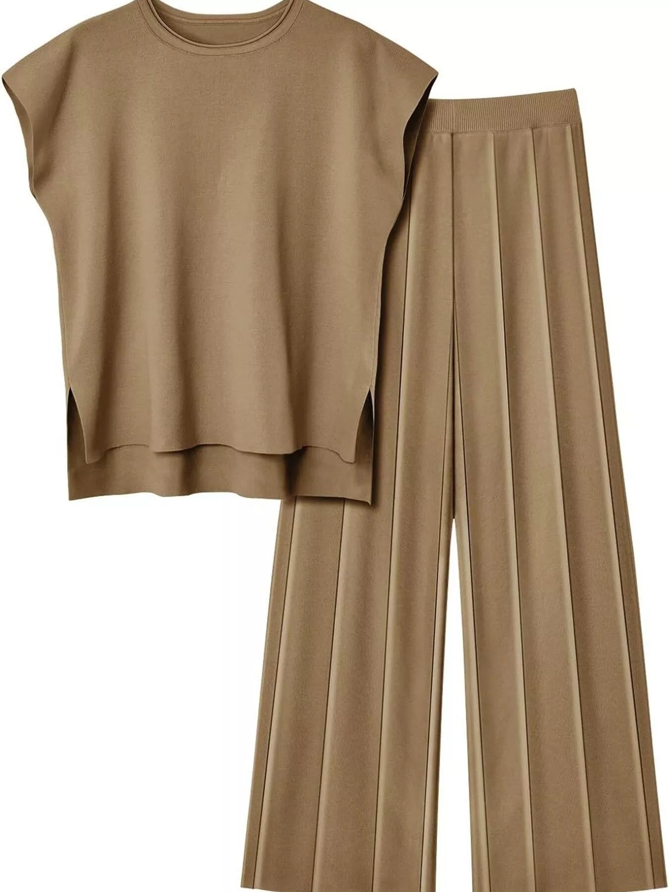 Casual Solid Color Cap Sleeve Top and Pants Knit Set - Salt & Stone