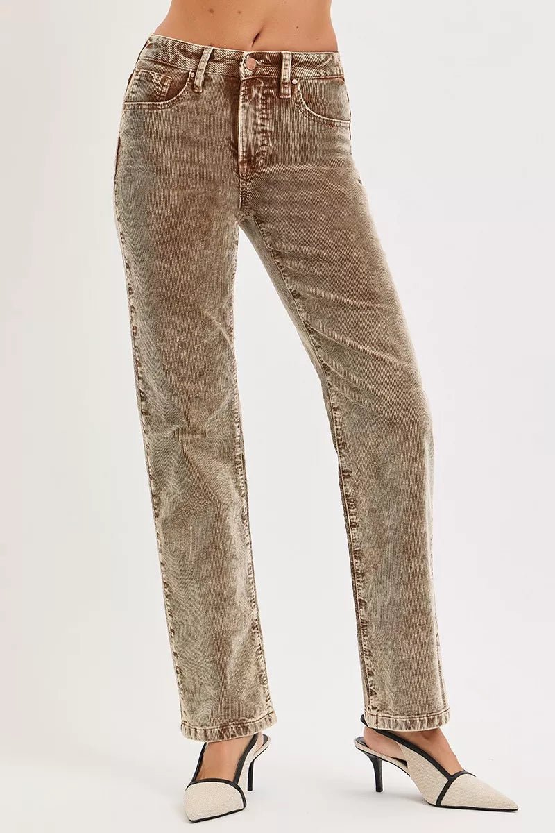 RISEN Tummy Control Mid Rise Straight Leg Corduroy Pants - Salt & Stone
