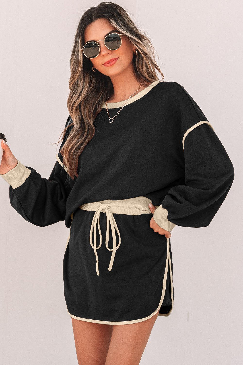 Black Color Contrast Loose Pullover and Lace - up Waist Skort Set - Salt & Stone